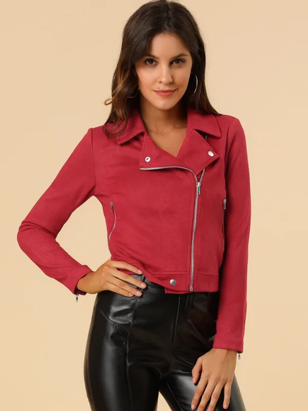 Casual Short Soft Zip Up Faux Suede Biker Moto Jacket sold by Allegra K