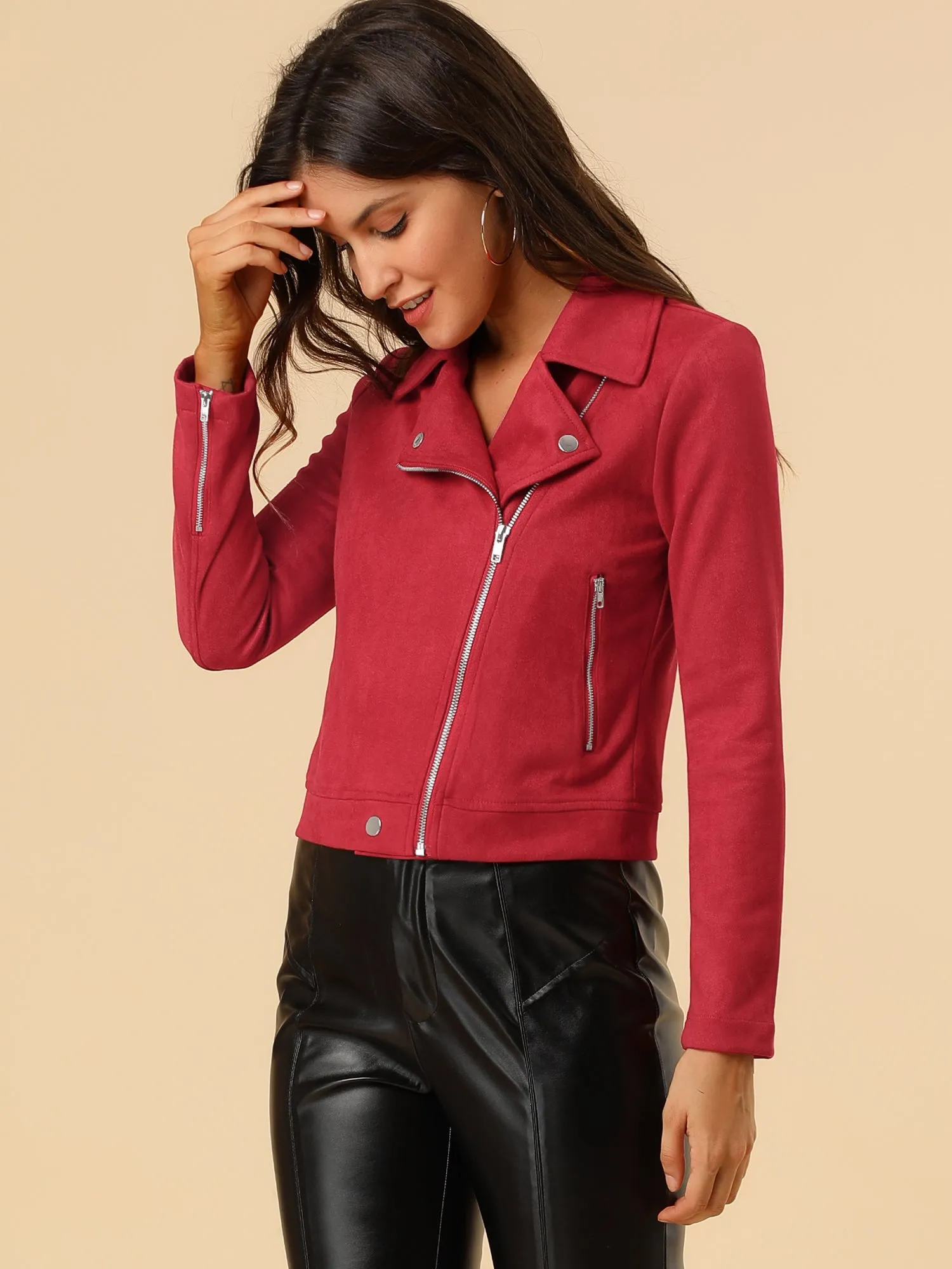 Casual Short Soft Zip Up Faux Suede Biker Moto Jacket sold by Allegra K product image thumbnail 3