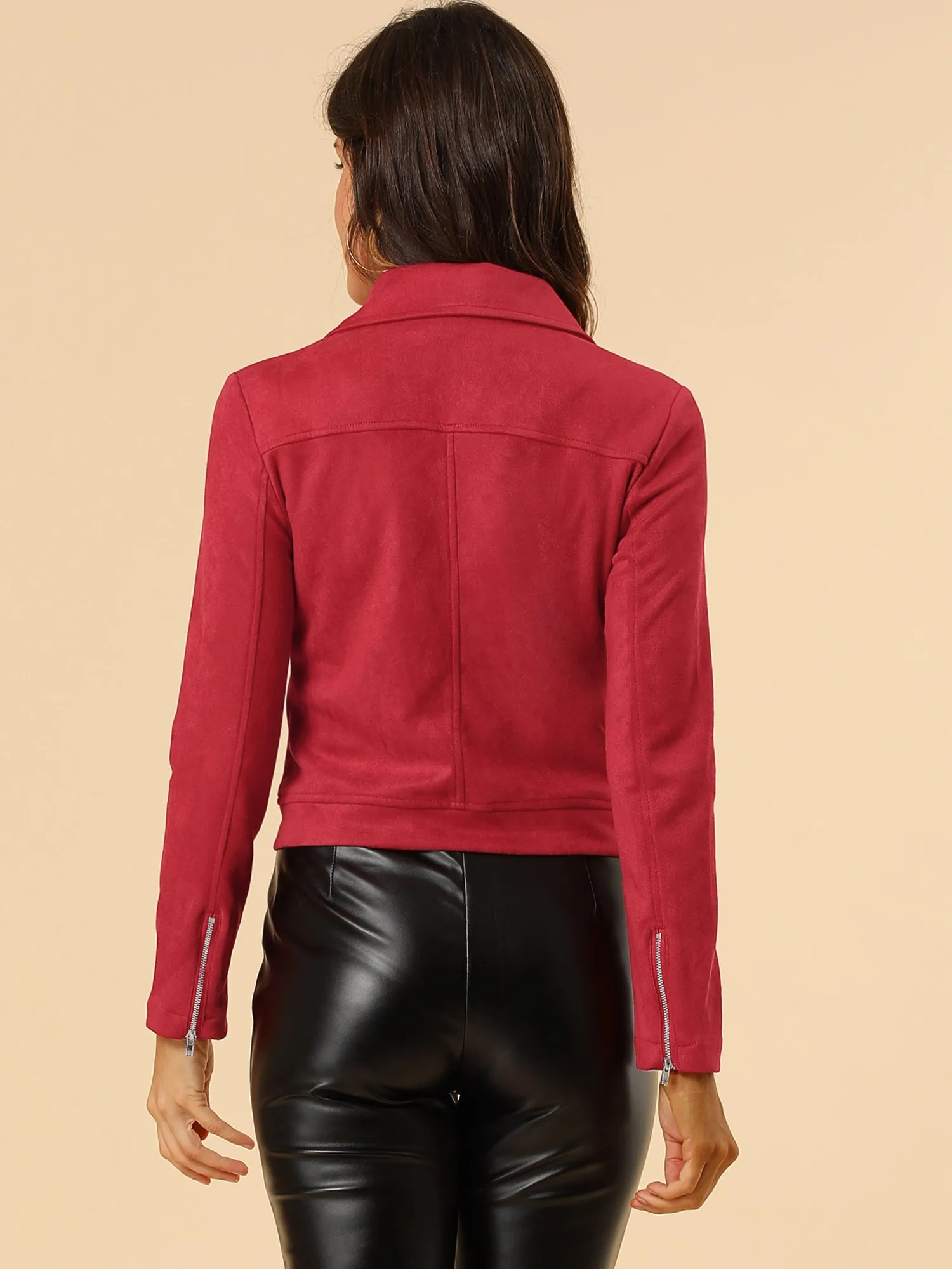 Casual Short Soft Zip Up Faux Suede Biker Moto Jacket sold by Allegra K product image thumbnail 4