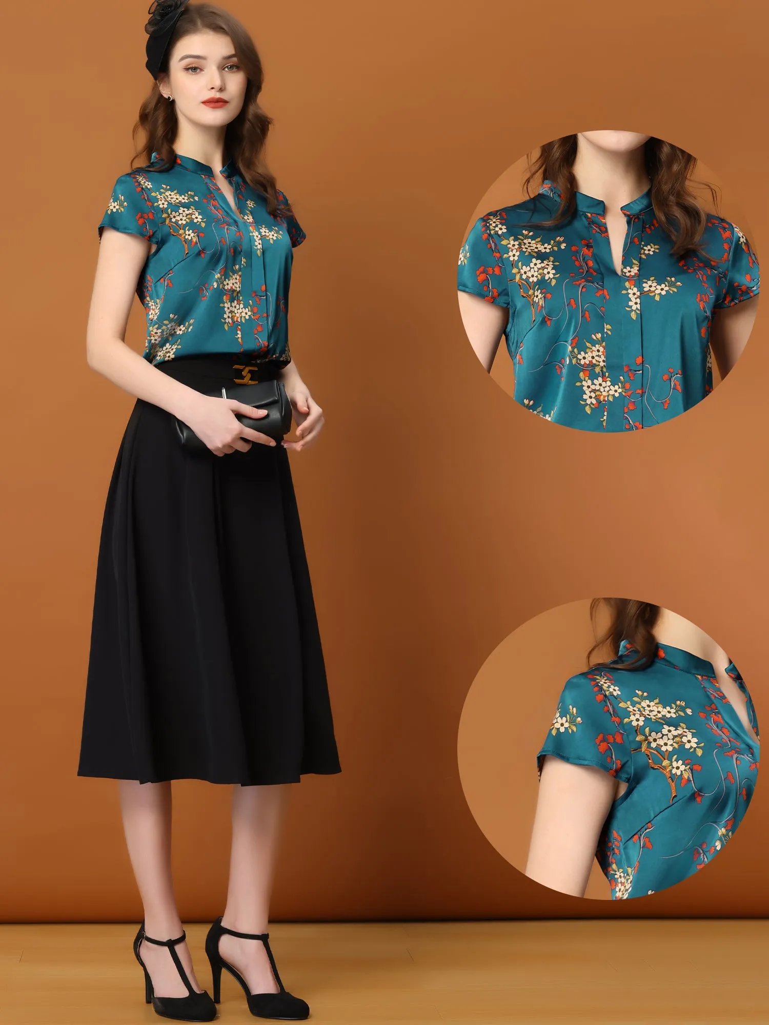 Satin Work Floral Vintage Stand Collar Cap Sleeve Blouse sold by Allegra K product image thumbnail 3