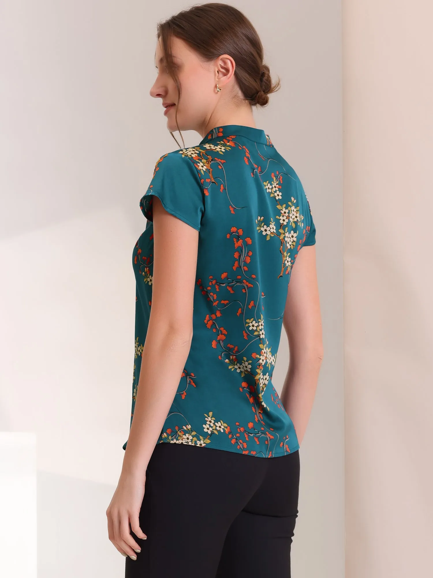 Satin Work Floral Vintage Stand Collar Cap Sleeve Blouse sold by Allegra K product image thumbnail 4