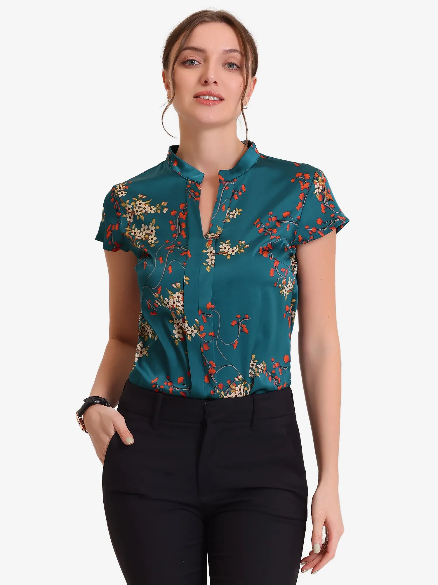 Satin Work Floral Vintage Stand Collar Cap Sleeve Blouse sold by Allegra K product image thumbnail 2