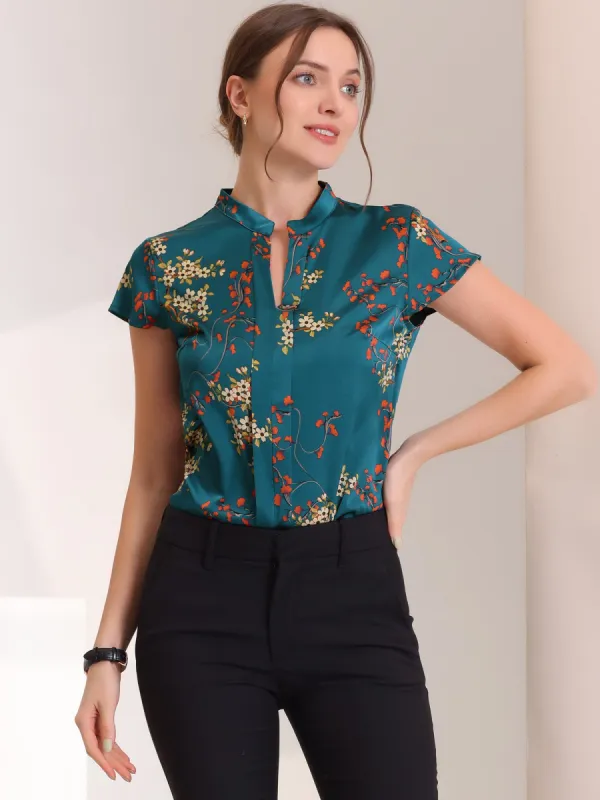 Satin Work Floral Vintage Stand Collar Cap Sleeve Blouse sold by Allegra K