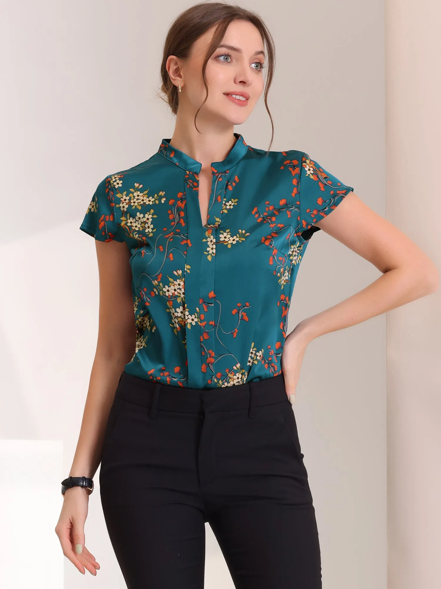 Satin Work Floral Vintage Stand Collar Cap Sleeve Blouse sold by Allegra K