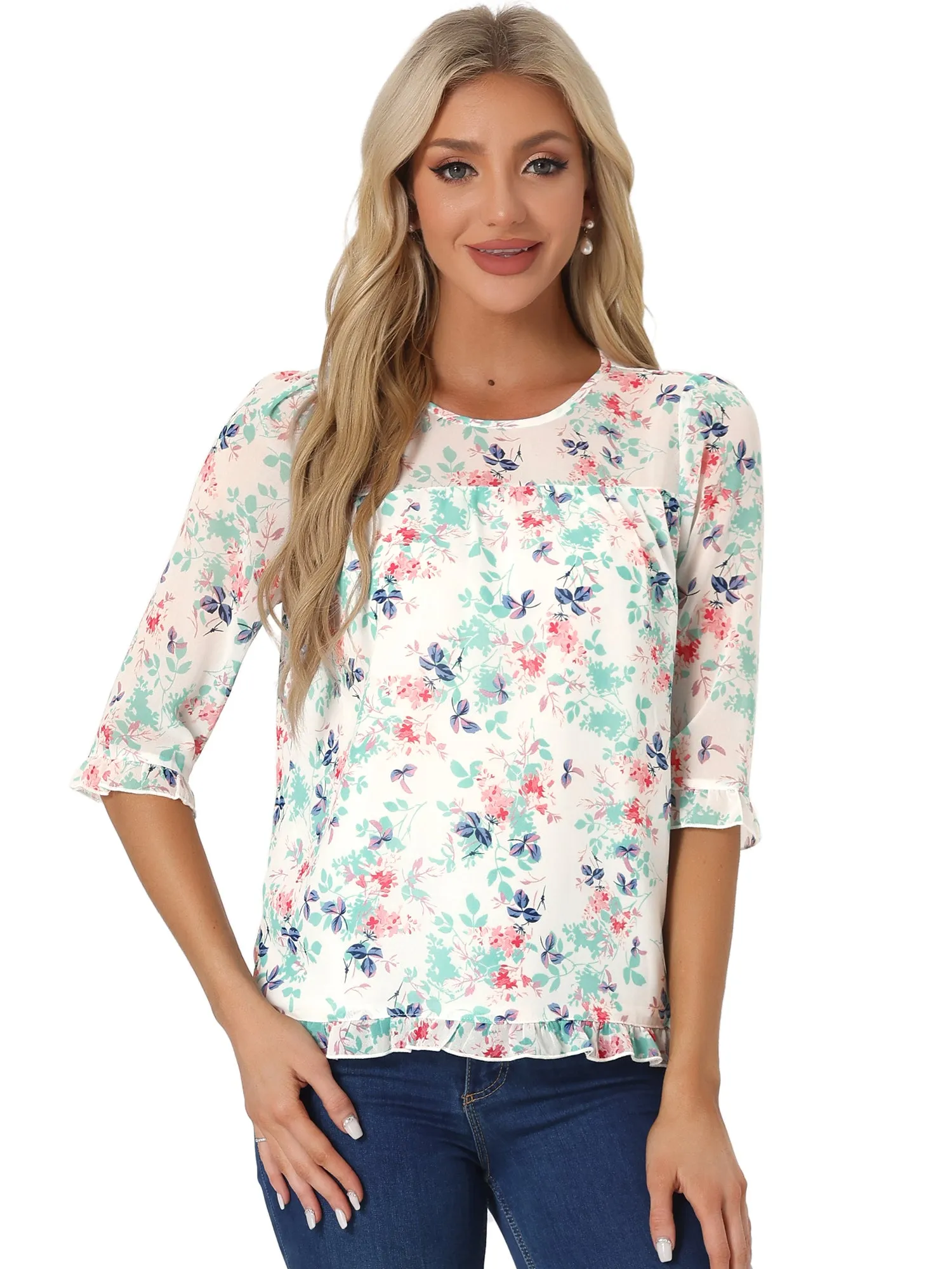 Casual Ruffle Floral Print 3/4 Sleeve Chiffon Blouse sold by Allegra K product image thumbnail 5
