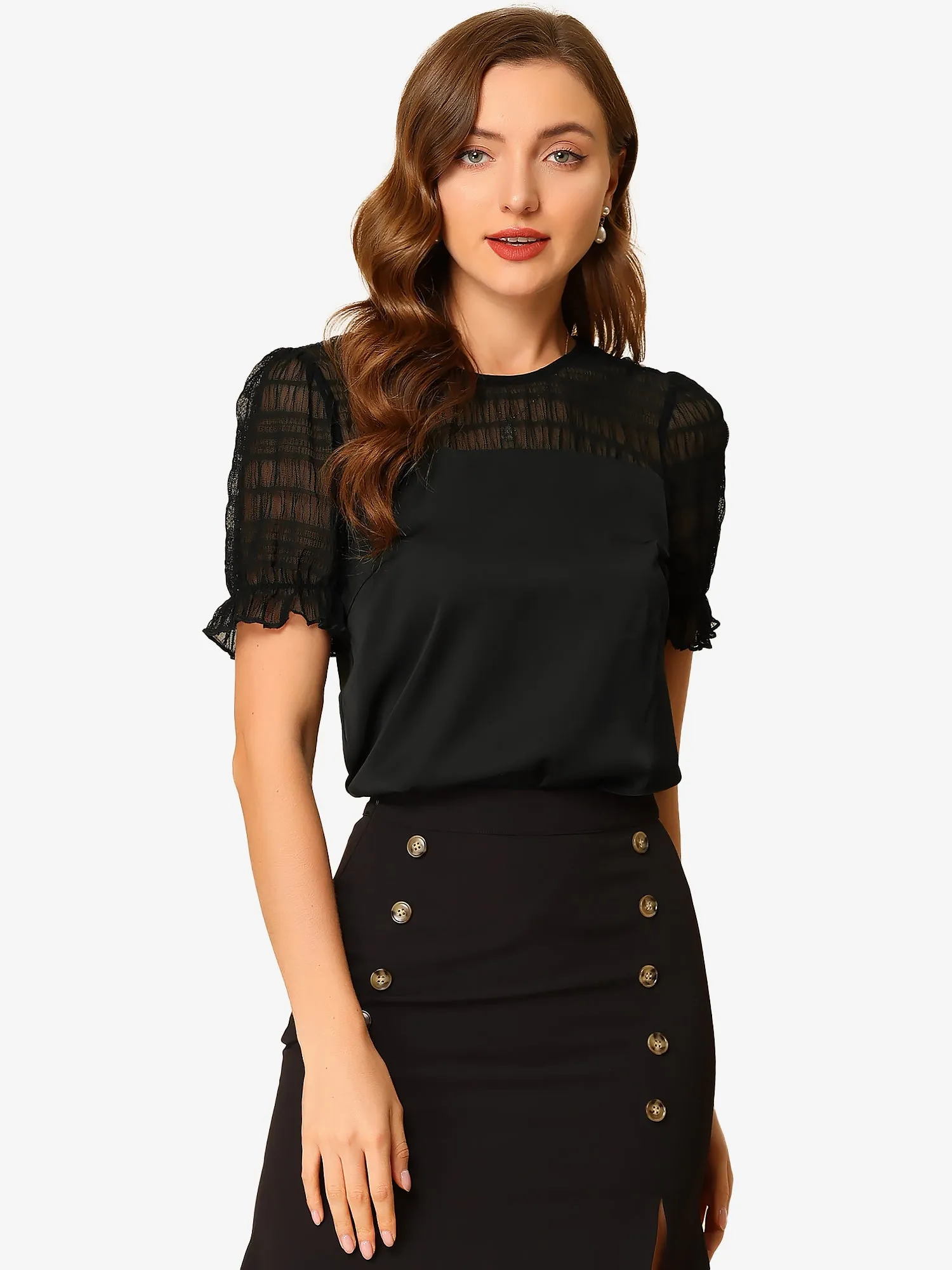 Lace Panel Keyhole Back Round Neck Puff Short Sleeve Tops sold by Allegra K