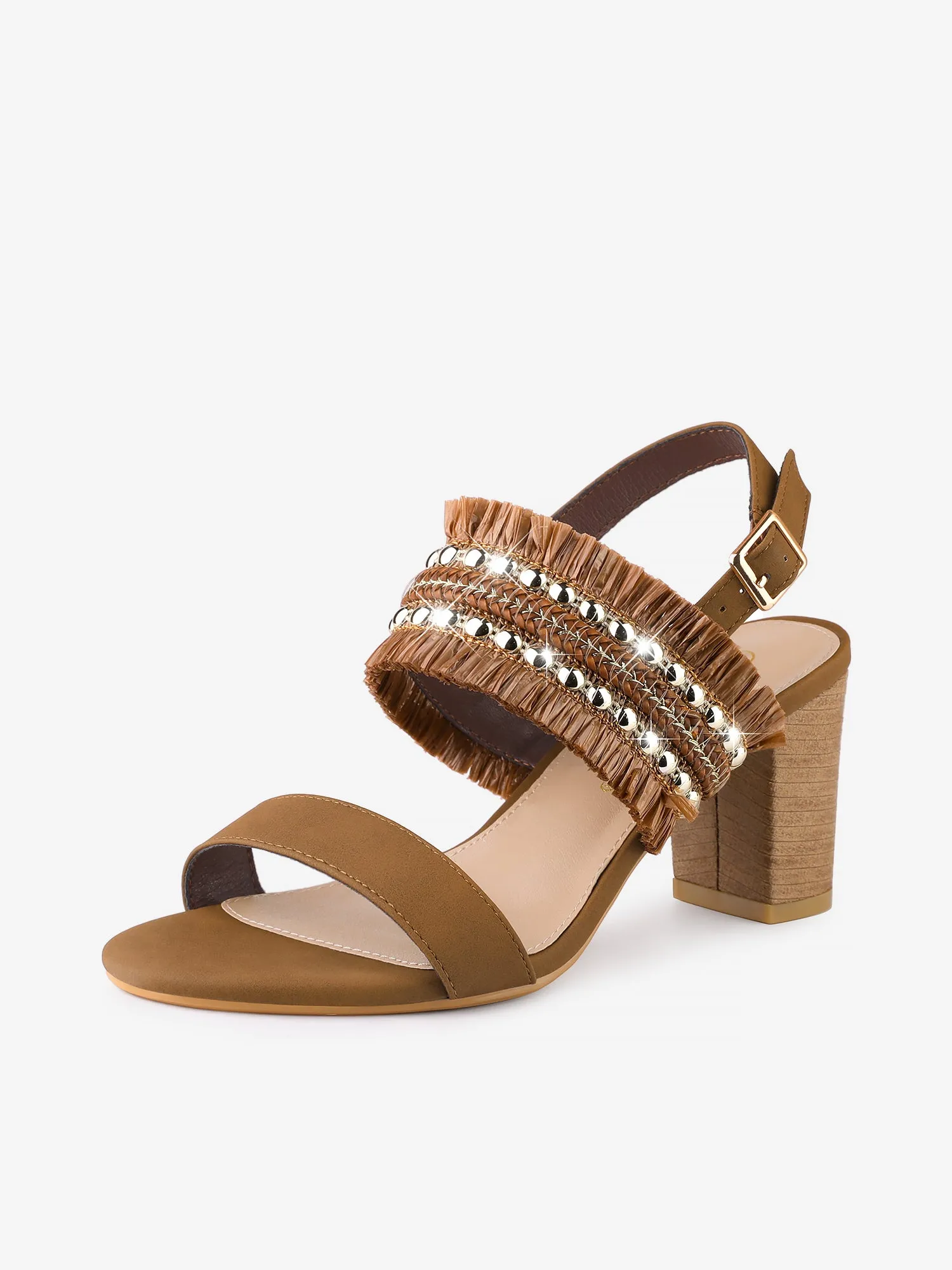 Women's Ankle Strap Embellished Braided Beads Chunky Heels Sandals sold by Allegra K