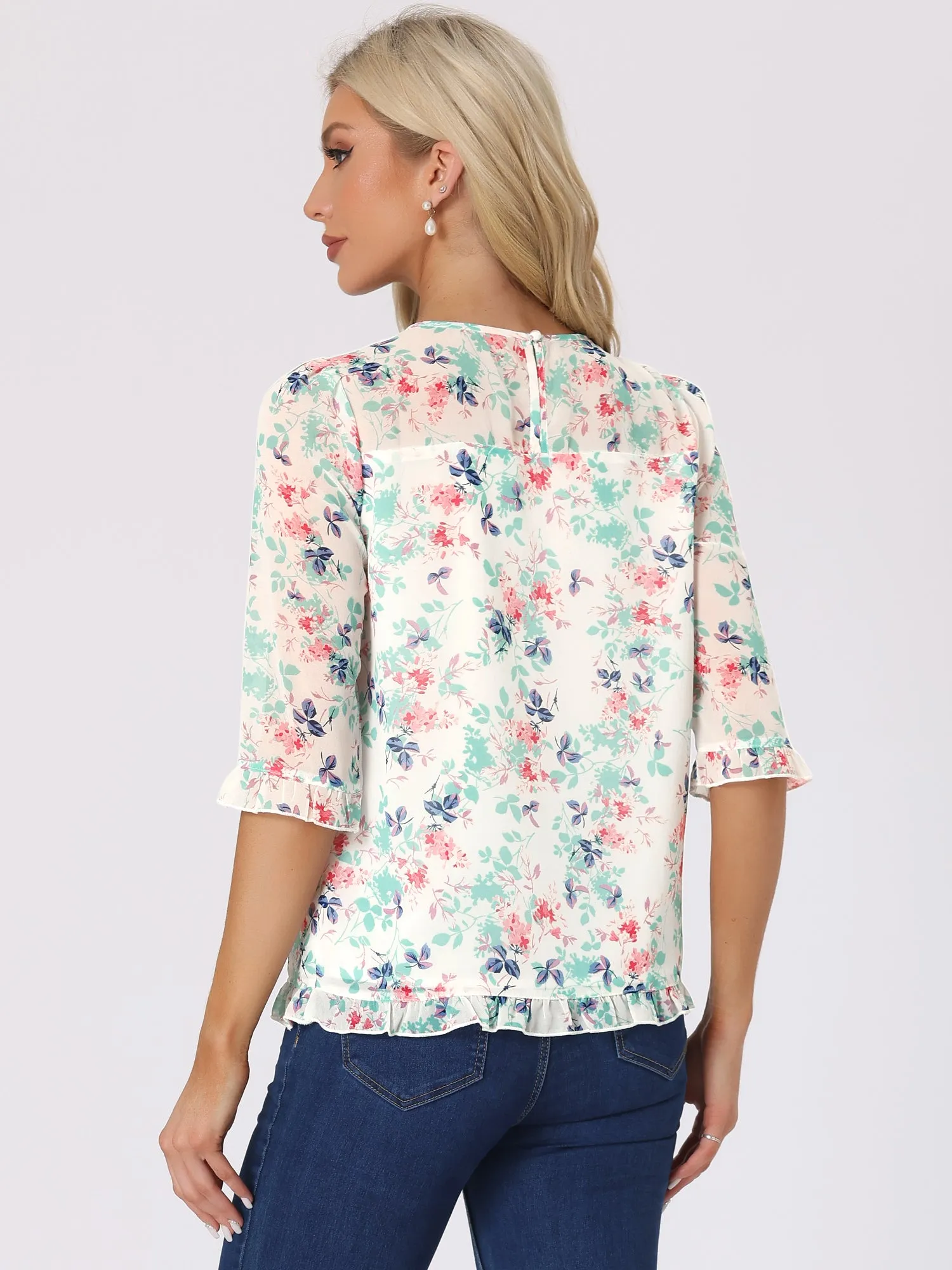 Casual Ruffle Floral Print 3/4 Sleeve Chiffon Blouse sold by Allegra K product image thumbnail 3