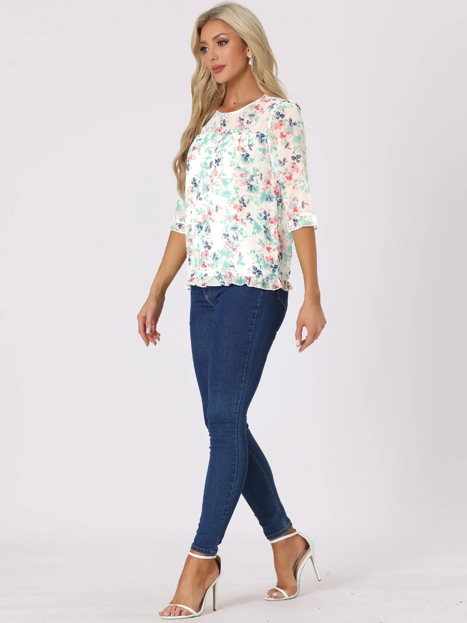 Casual Ruffle Floral Print 3/4 Sleeve Chiffon Blouse sold by Allegra K product image thumbnail 2