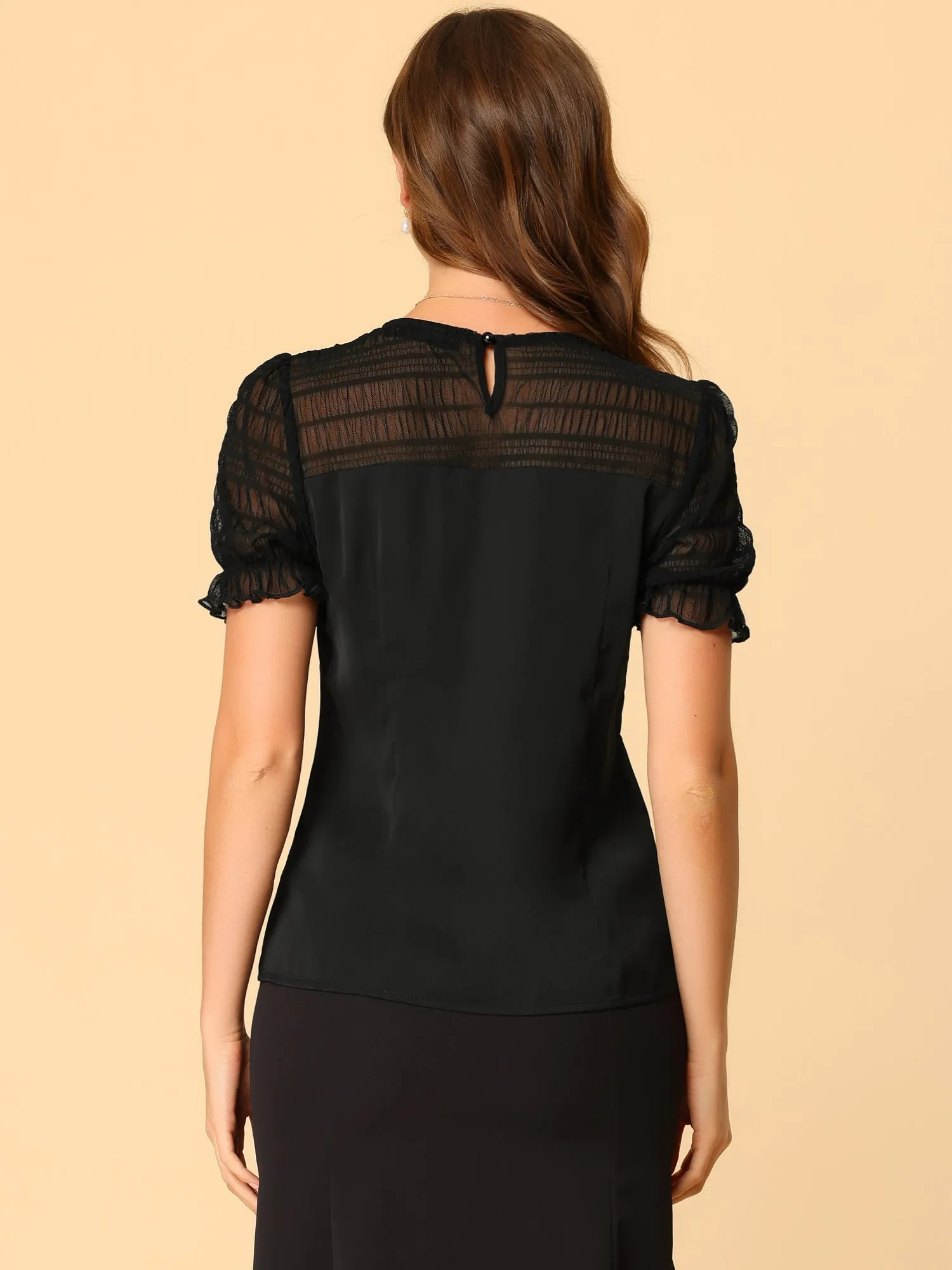 Lace Panel Keyhole Back Round Neck Puff Short Sleeve Tops sold by Allegra K product image thumbnail 5