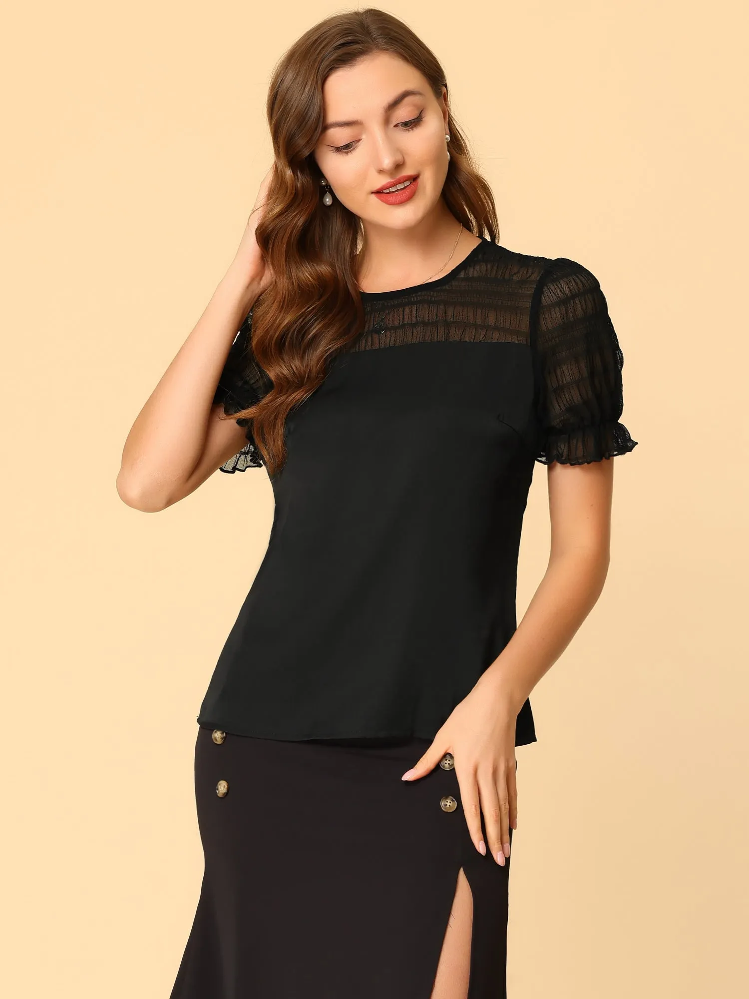 Lace Panel Keyhole Back Round Neck Puff Short Sleeve Tops sold by Allegra K product image thumbnail 3