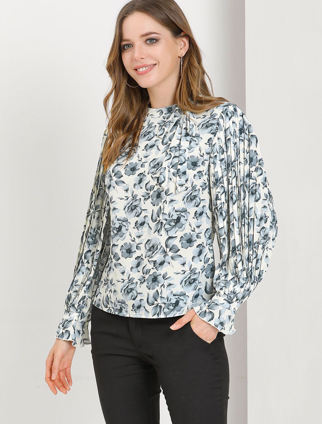 Floral Print Tie Neck Ruffle Long Sleeve Pleated Work Shirt Blouse sold by Allegra K product image thumbnail 3
