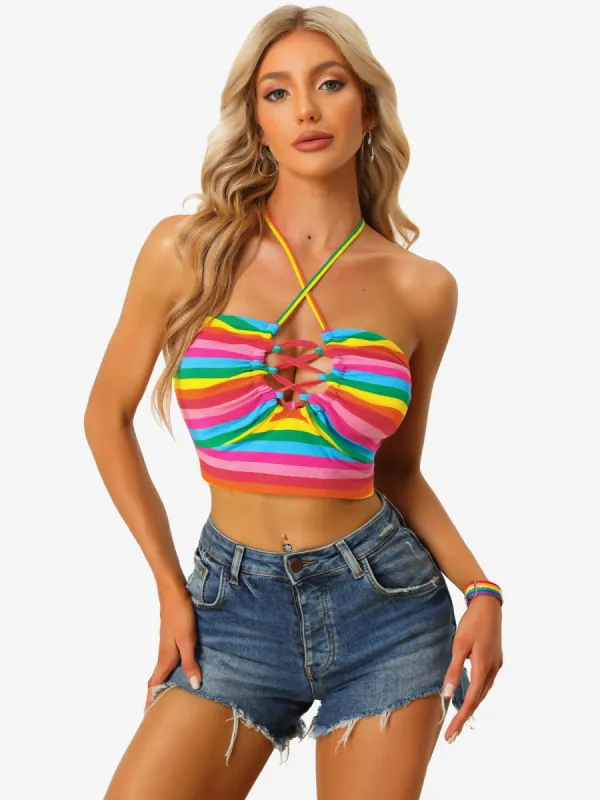 Striped Tie Halter Casual Sleeveless Knitted Backless Crop Cami Tank sold by Allegra K