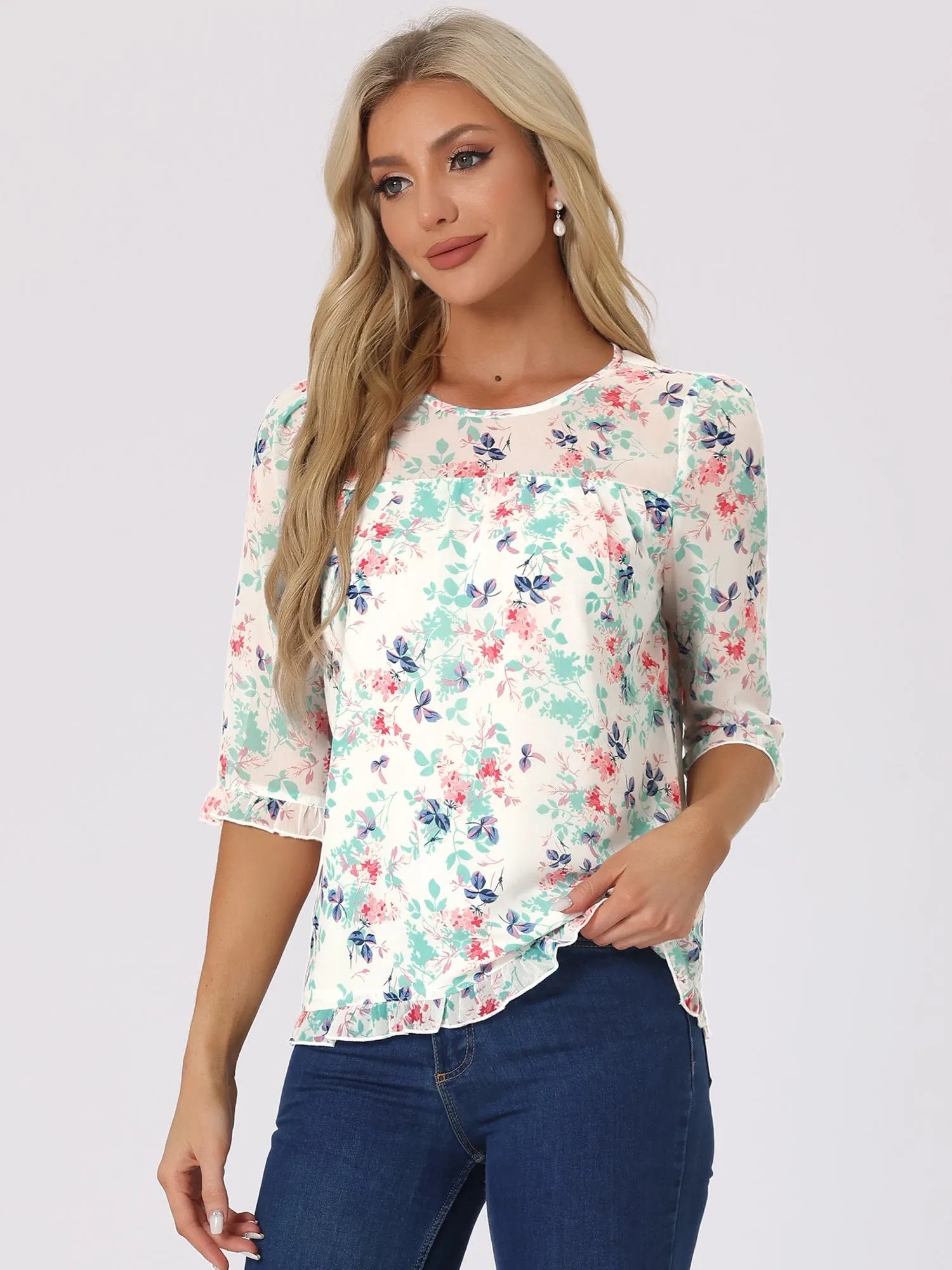 Casual Ruffle Floral Print 3/4 Sleeve Chiffon Blouse sold by Allegra K