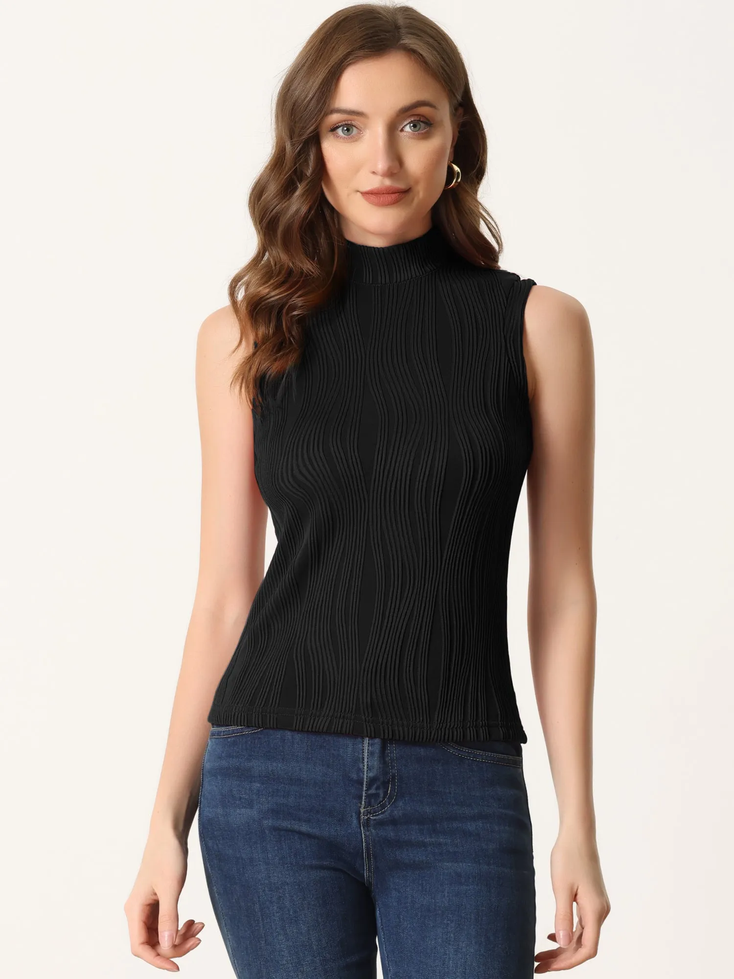 Sleeveless Fitted Top Mock Neck Textured Ribbed Knit Tank Tops sold by Allegra K product image thumbnail 4