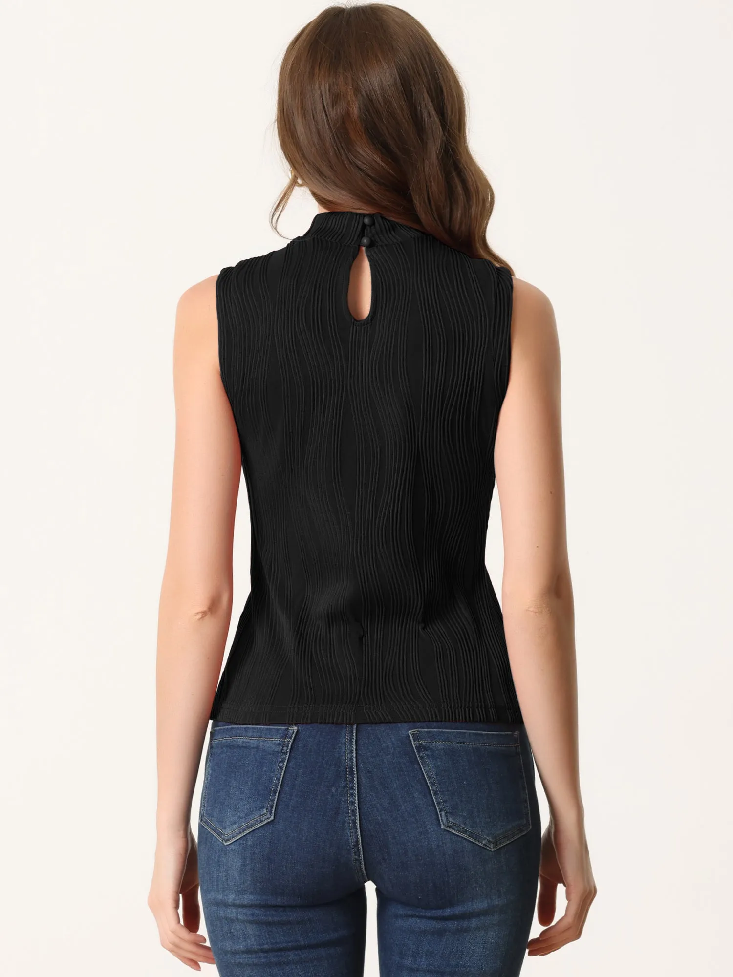 Sleeveless Fitted Top Mock Neck Textured Ribbed Knit Tank Tops sold by Allegra K product image thumbnail 3