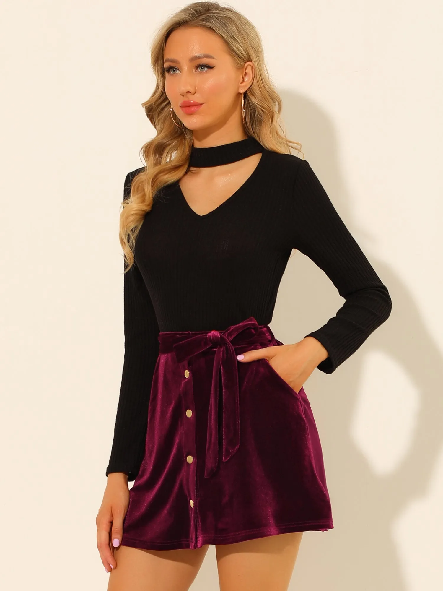 High Waist Button Decor A-Line Skater Velvet Mini Skirt sold by Allegra K