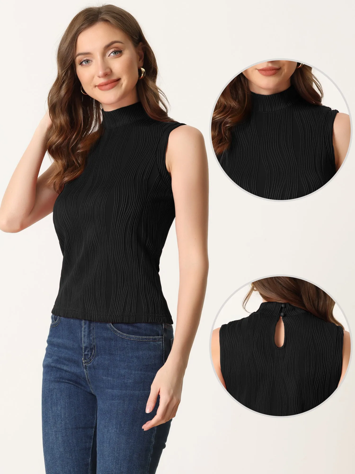 Sleeveless Fitted Top Mock Neck Textured Ribbed Knit Tank Tops sold by Allegra K product image thumbnail 2