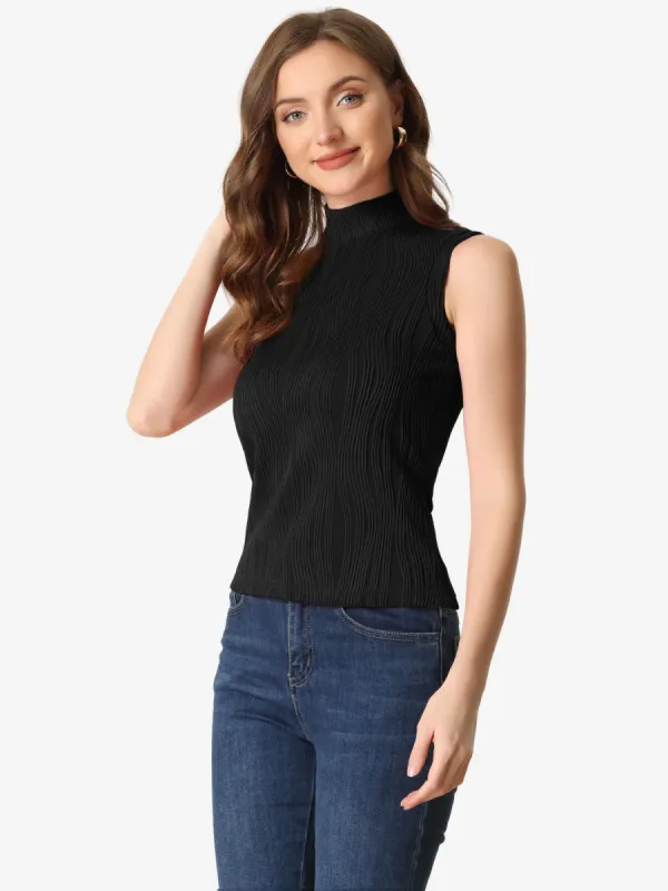 Sleeveless Fitted Top Mock Neck Textured Ribbed Knit Tank Tops sold by Allegra K