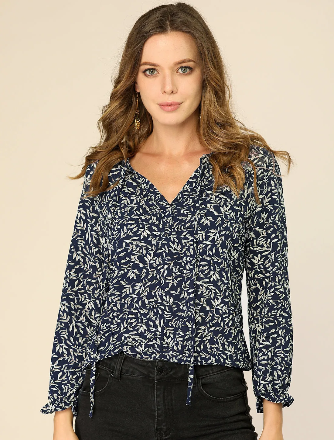 Rustic Tie Front Long Sleeve Printed Peasant Tops sold by Allegra K product image thumbnail 3