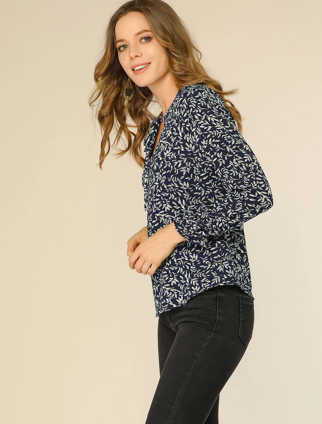 Rustic Tie Front Long Sleeve Printed Peasant Tops sold by Allegra K product image thumbnail 4