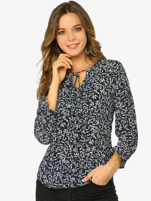 Rustic Tie Front Long Sleeve Printed Peasant Tops sold by Allegra K