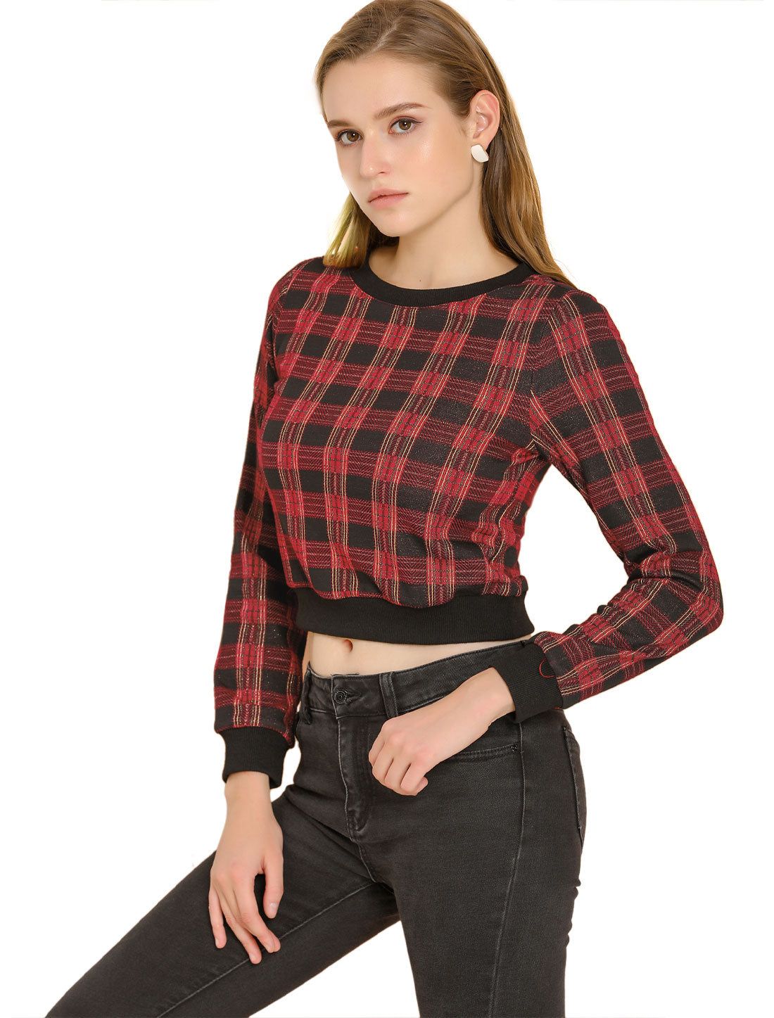 Plaid Crew Neck Ribbed Top Long Sleeve Crop Christmas Sweatshirt sold by Allegra K product image thumbnail 3