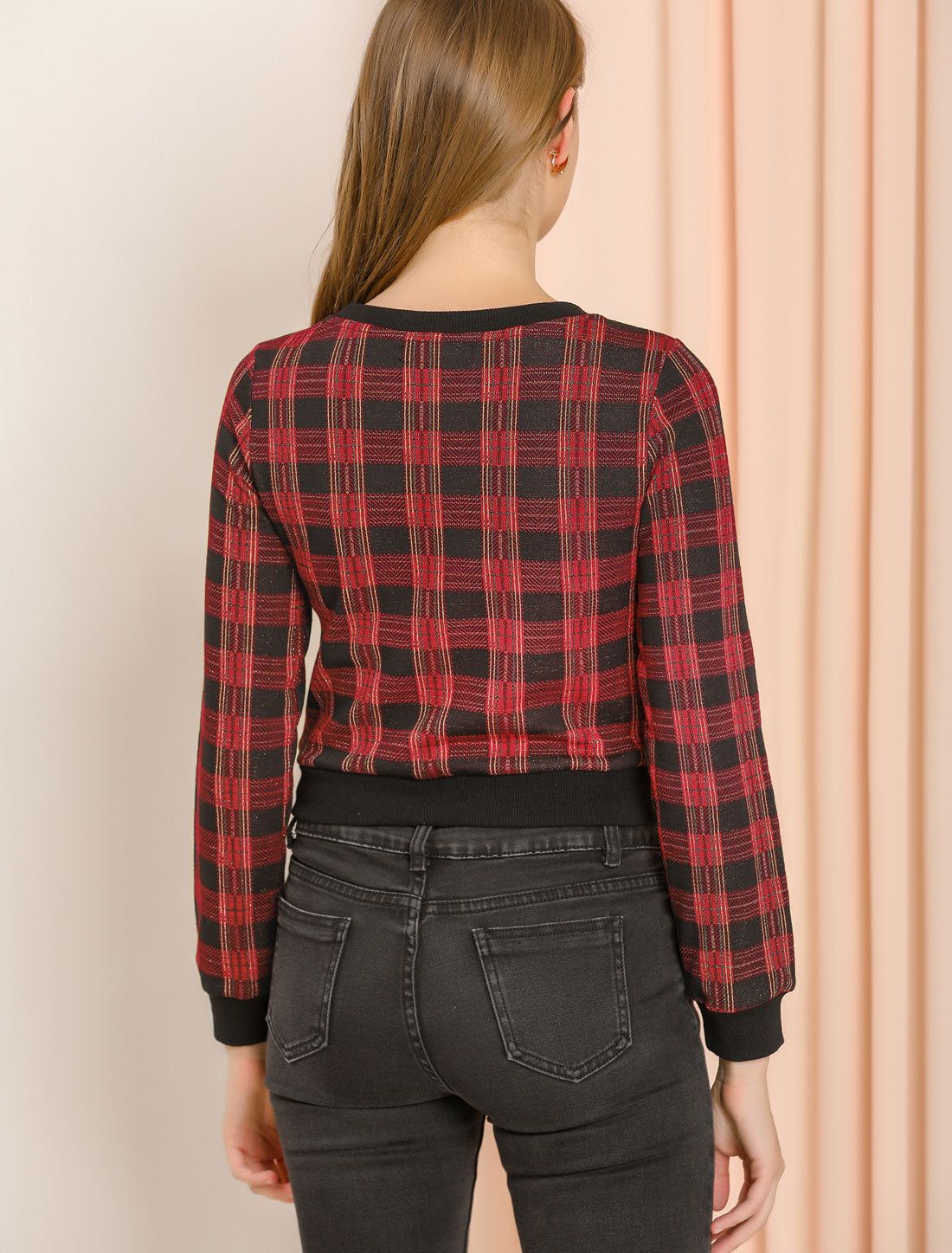 Plaid Crew Neck Ribbed Top Long Sleeve Crop Christmas Sweatshirt sold by Allegra K product image thumbnail 4