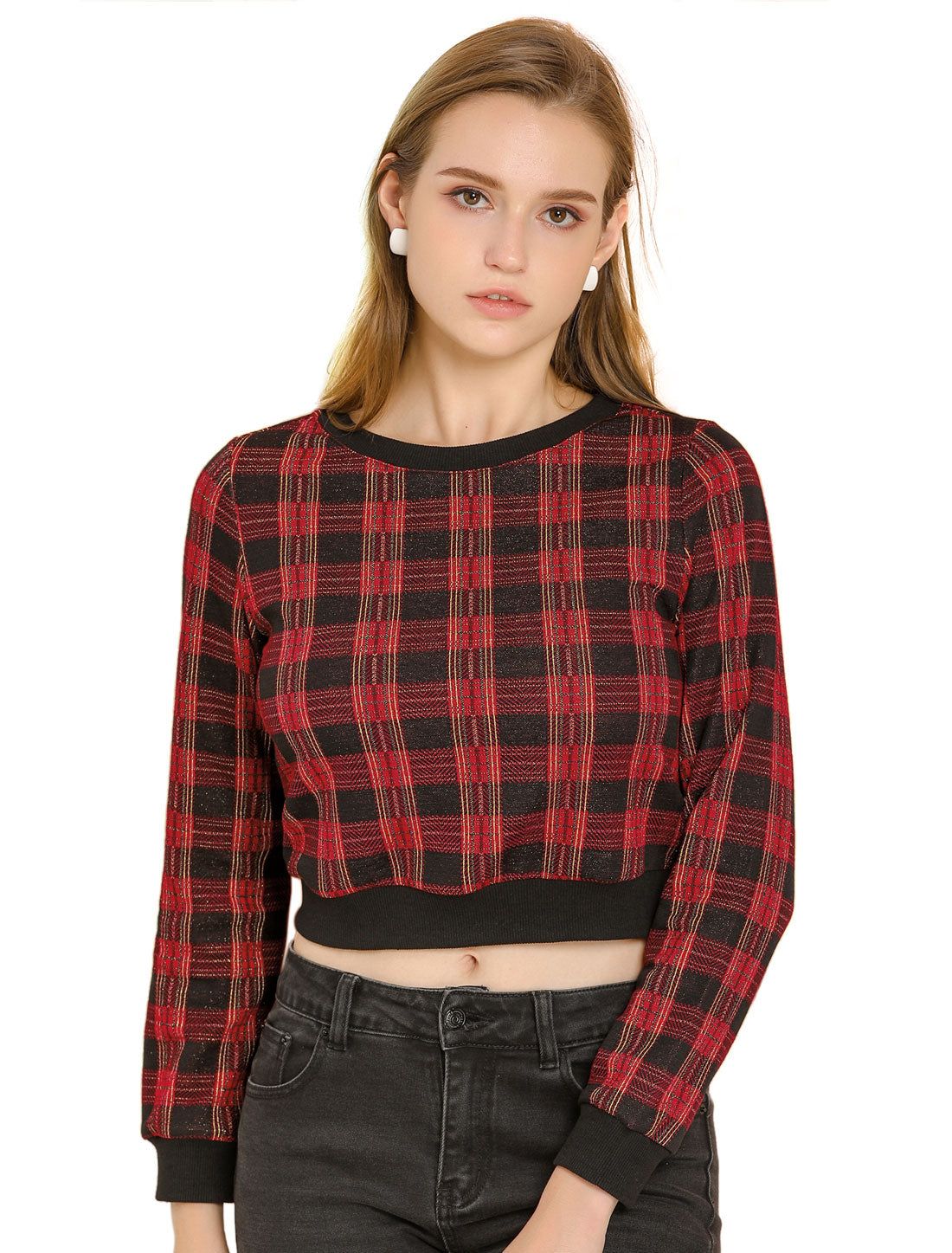 Plaid Crew Neck Ribbed Top Long Sleeve Crop Christmas Sweatshirt sold by Allegra K product image thumbnail 5