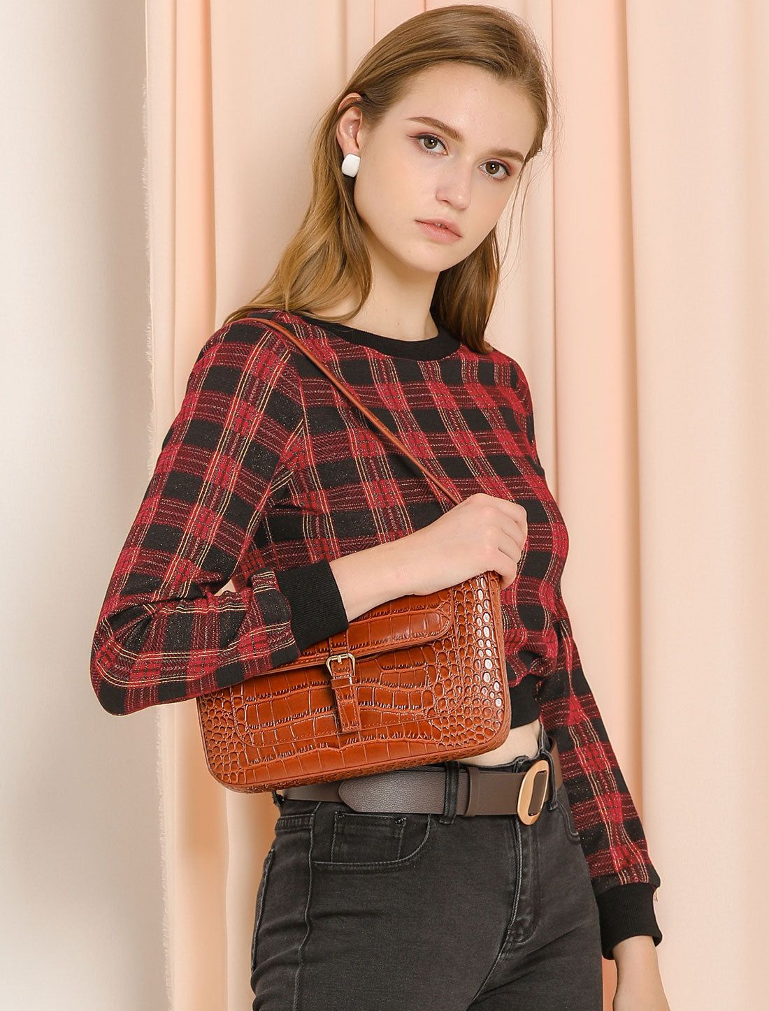 Plaid Crew Neck Ribbed Top Long Sleeve Crop Christmas Sweatshirt sold by Allegra K