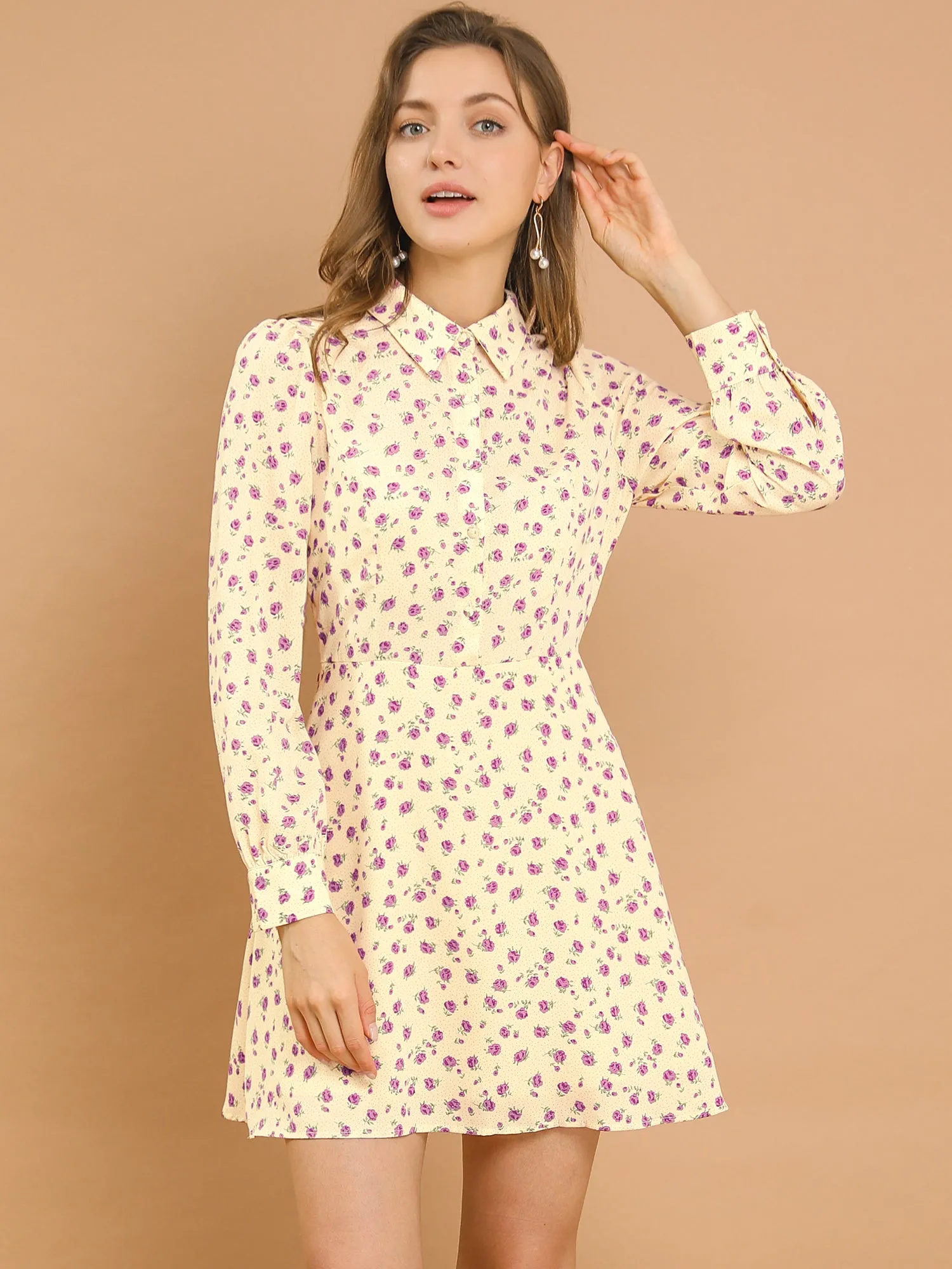 Dots Print Half Placket Puff Long Sleeve Floral Print Shirt Dress sold by Allegra K product image thumbnail 3