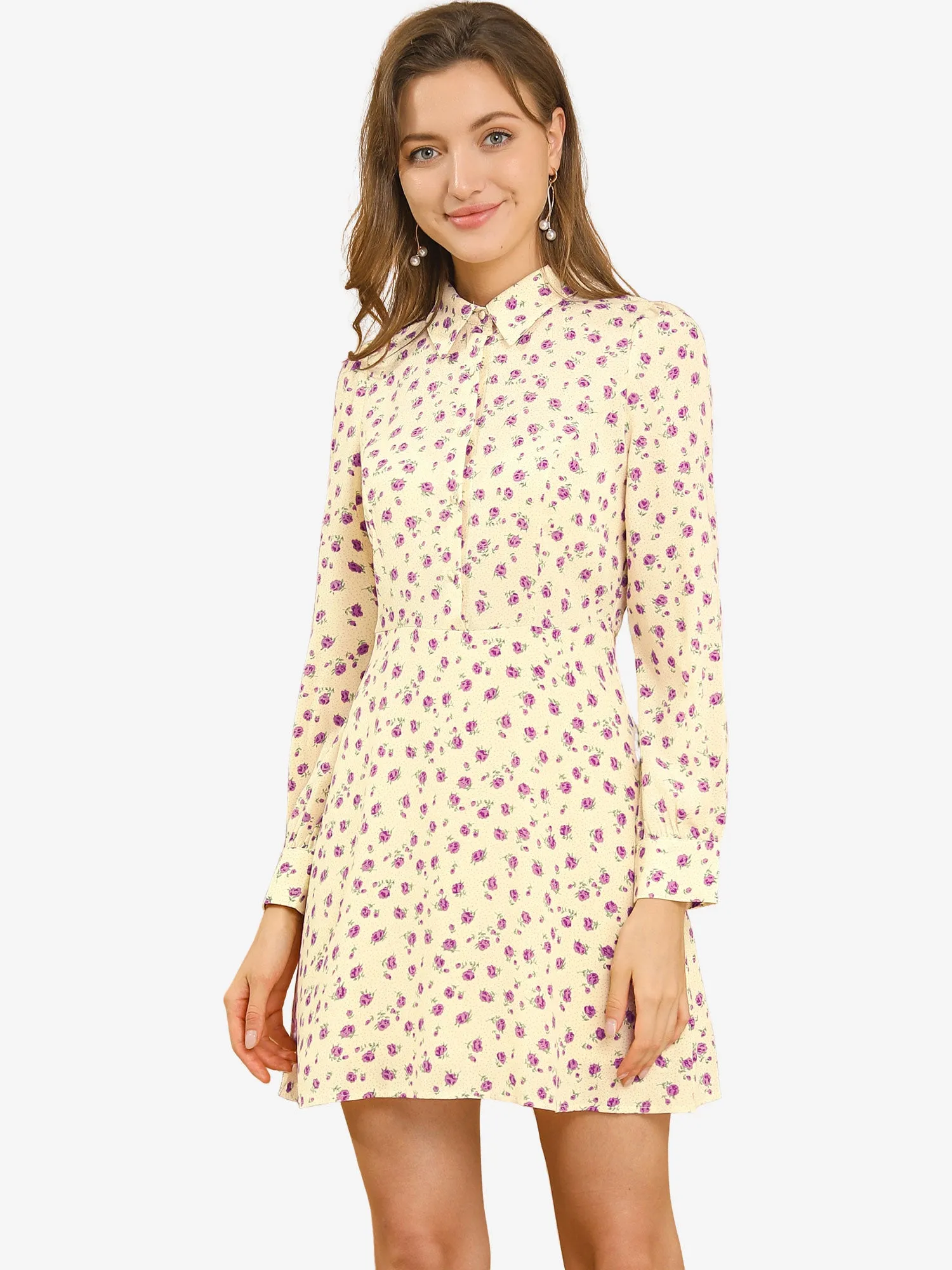 Dots Print Half Placket Puff Long Sleeve Floral Print Shirt Dress sold by Allegra K