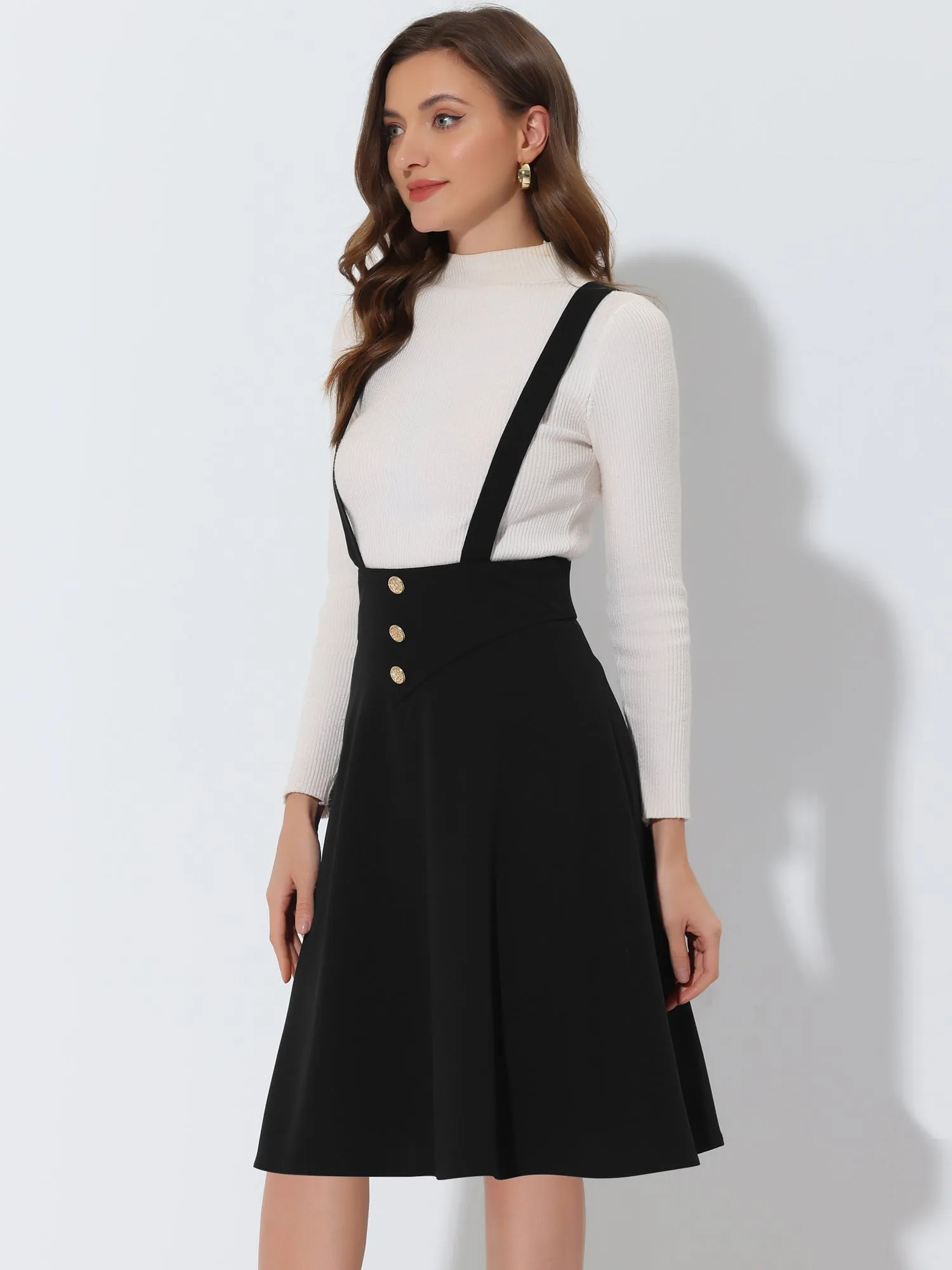 High Waist Solid Button Decor Flared Midi Overall Suspender Skirt sold by Allegra K product image thumbnail 2