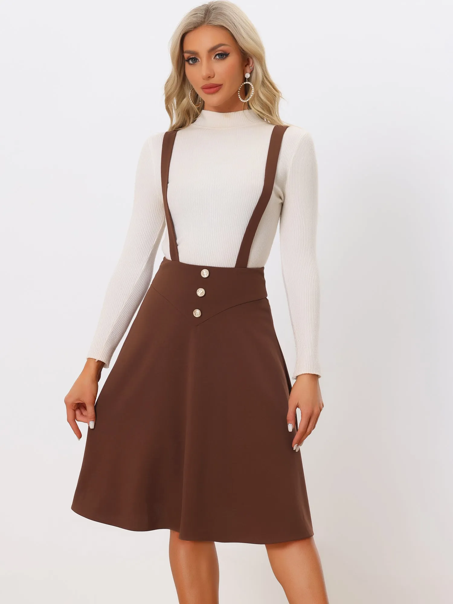 High Waist Solid Button Decor Flared Midi Overall Suspender Skirt sold by Allegra K product image thumbnail 5