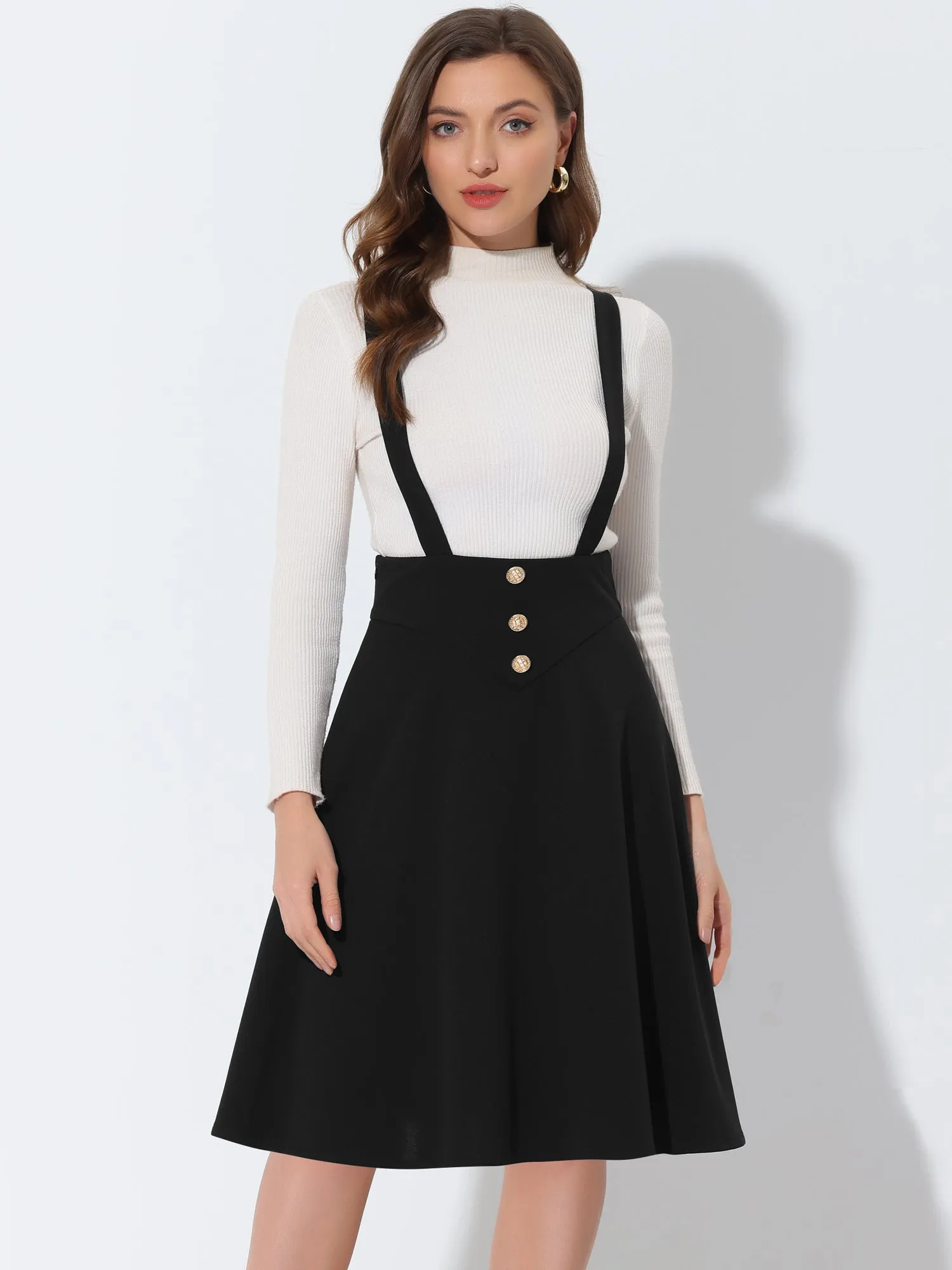High Waist Solid Button Decor Flared Midi Overall Suspender Skirt sold by Allegra K