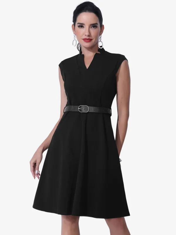 Office V Neck Work Sleeveless A-line Midi Solid Belted Dress sold by Allegra K