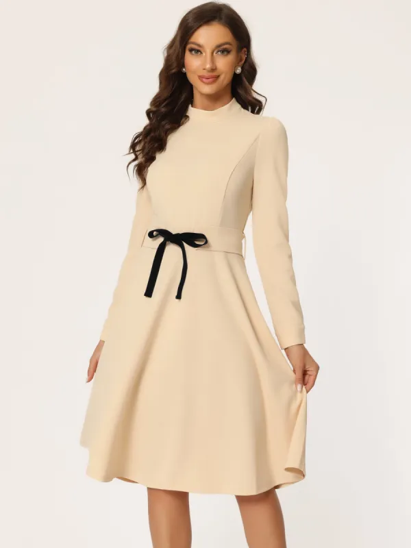 Elegant Sheath Mock Neck Flare Long Sleeve Knit Midi Dress sold by Allegra K