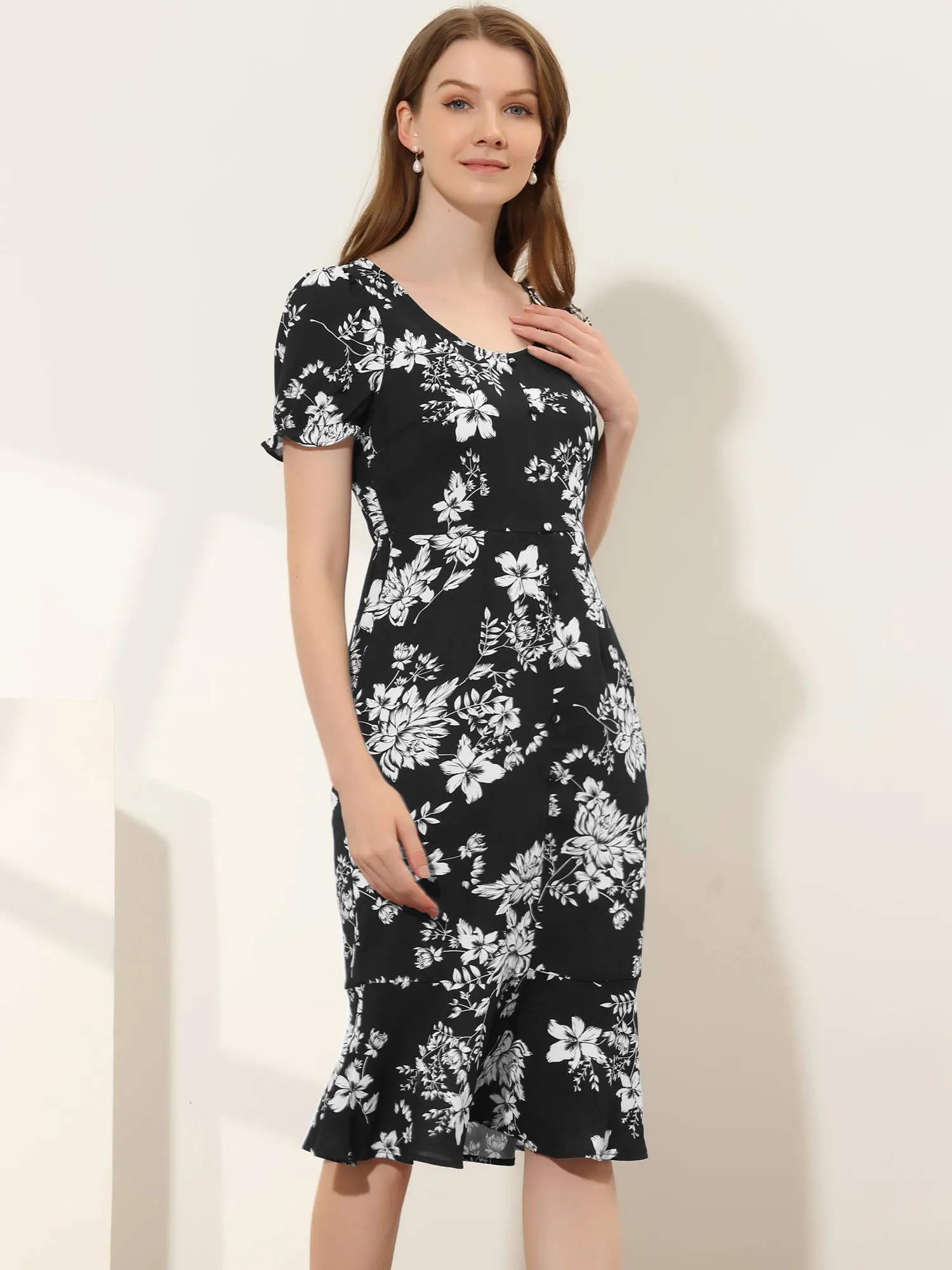 Floral Scoop Neck Short Sleeve Ruffle Fishtail Mermaid Midi Dress sold by Allegra K product image thumbnail 5