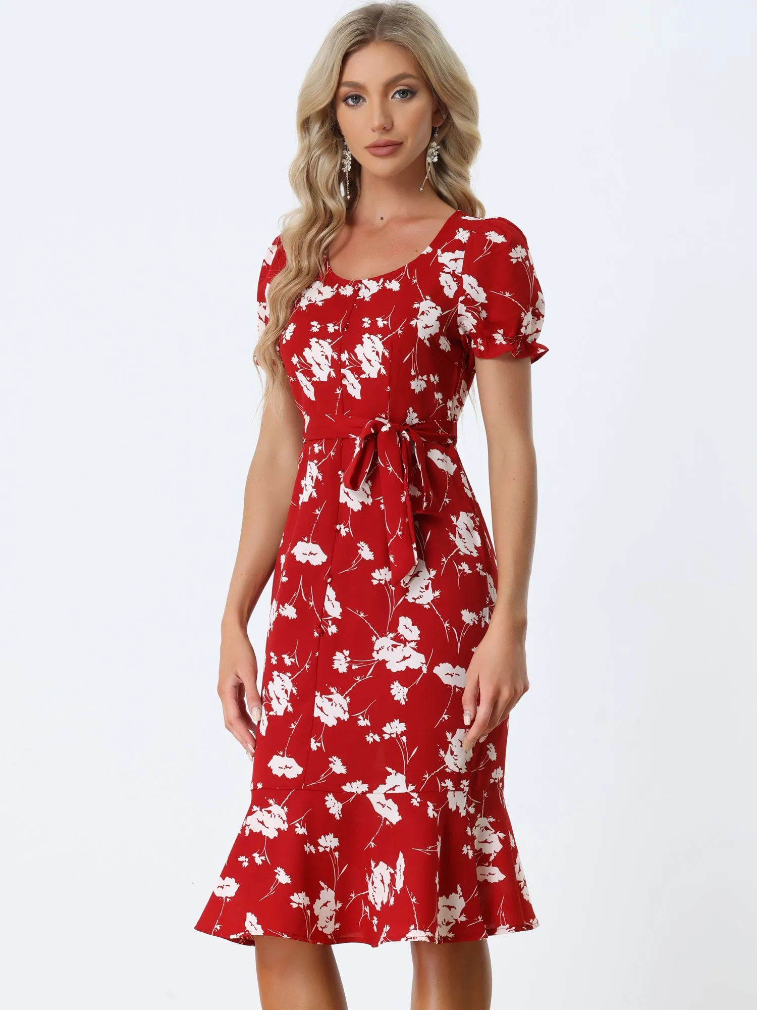 Floral Scoop Neck Short Sleeve Ruffle Fishtail Mermaid Midi Dress sold by Allegra K