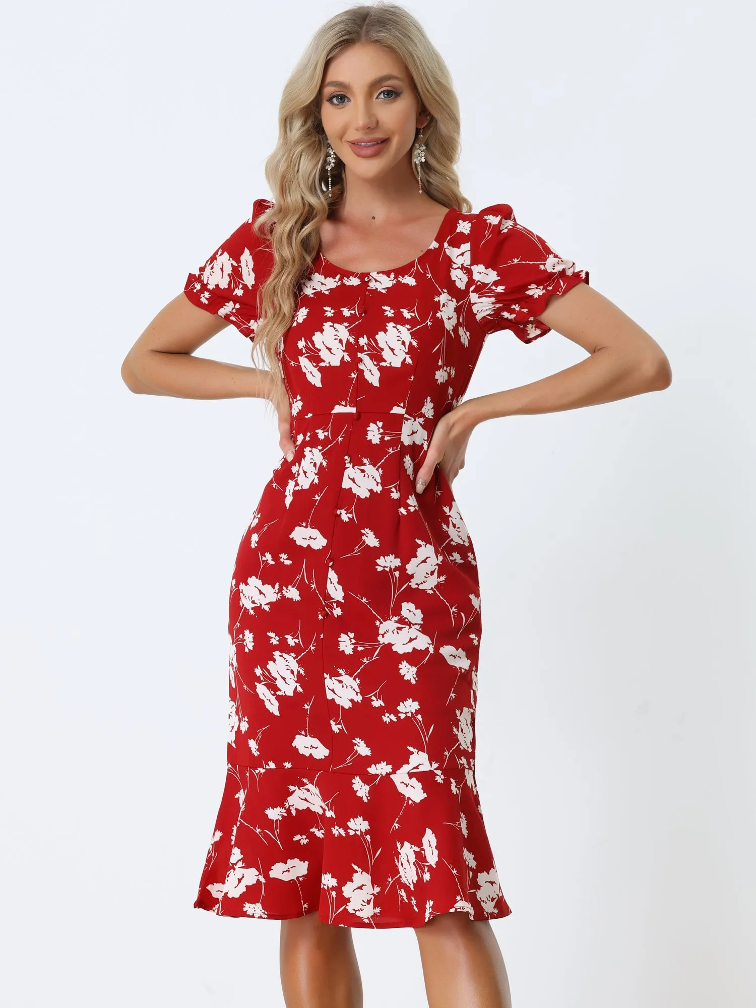 Floral Scoop Neck Short Sleeve Ruffle Fishtail Mermaid Midi Dress sold by Allegra K product image thumbnail 2