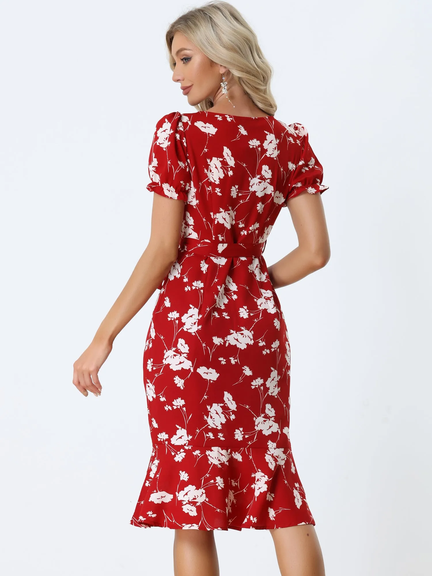 Floral Scoop Neck Short Sleeve Ruffle Fishtail Mermaid Midi Dress sold by Allegra K product image thumbnail 3
