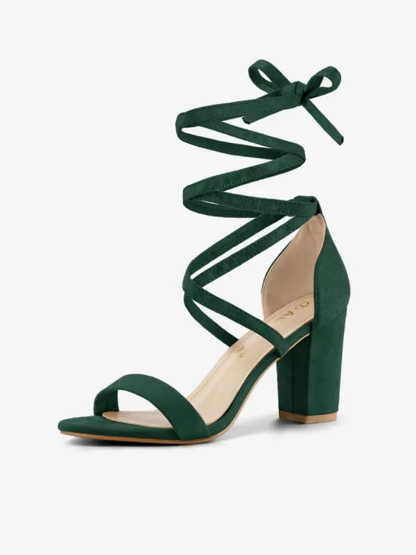 Faux Suede Open Toe Lace Up Chunky High Heel Sandals made by Allegra K