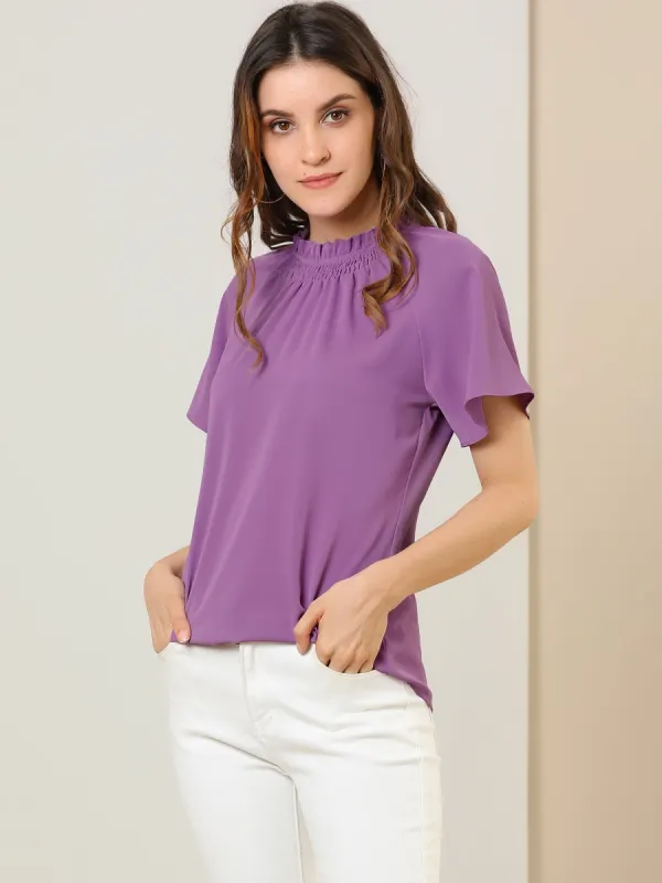Short Sleeve Blouse Casual Business Pleated Mock Neck Tops sold by Allegra K