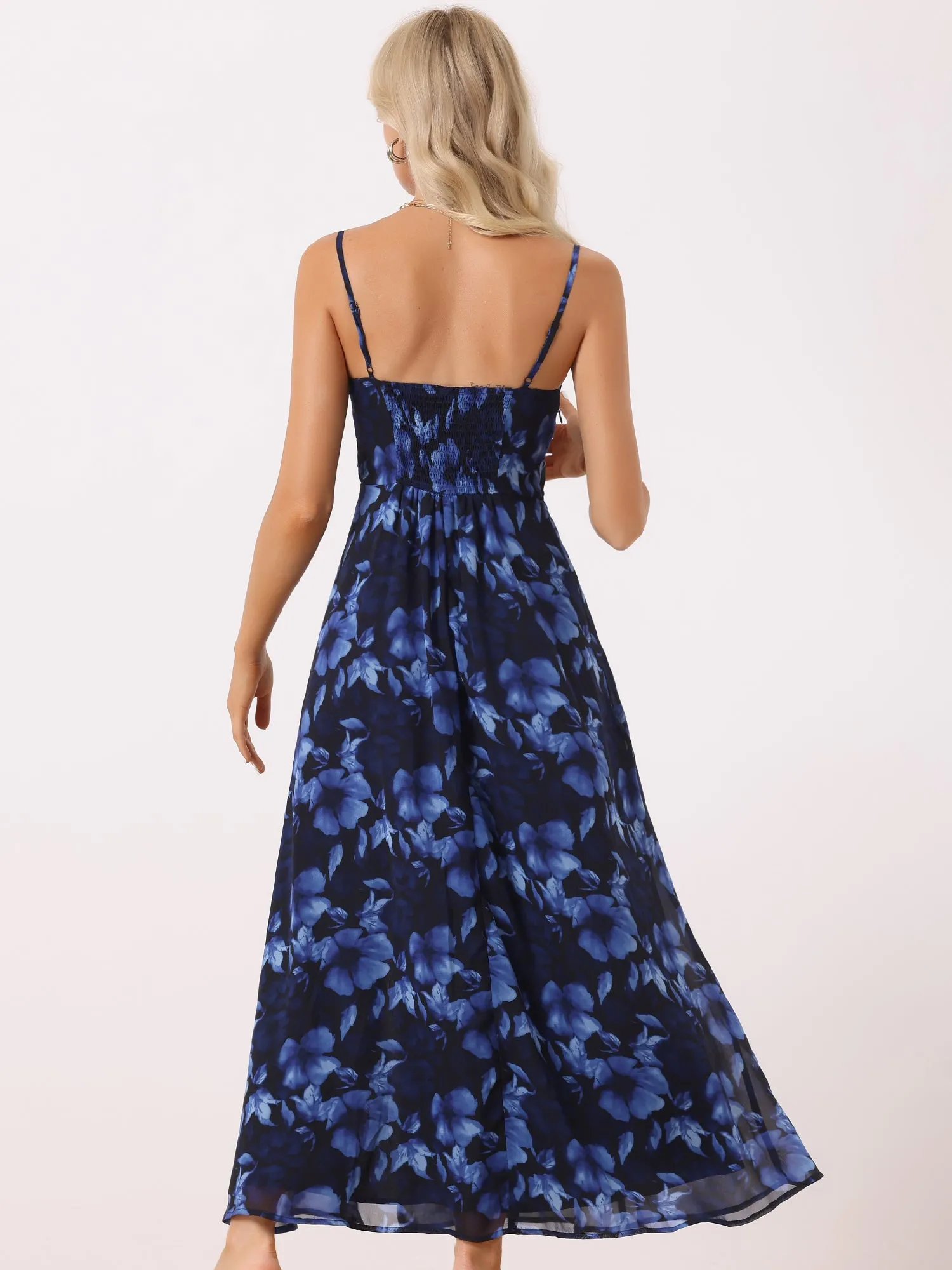 Spaghetti Strap Floral Smock Slit Elegant Maxi Dress Sundress sold by Allegra K product image thumbnail 3