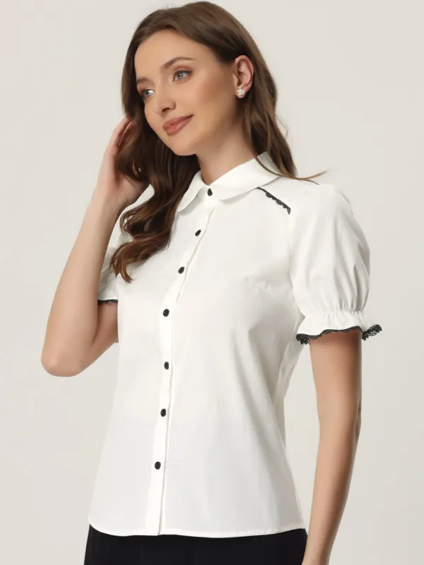 Vintage Peter Pan Collar Blouse Short Sleeve Button Down Shirt sold by Allegra K