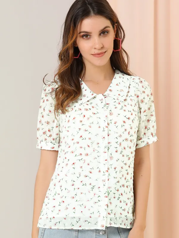 Floral Swiss Dot Textured Semi Sheer Short Sleeve Collar Shirt sold by Allegra K