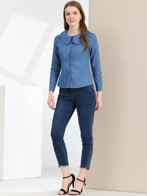 Peter Pan Collar Ruffled Button Down Denim Shirt sold by Allegra K