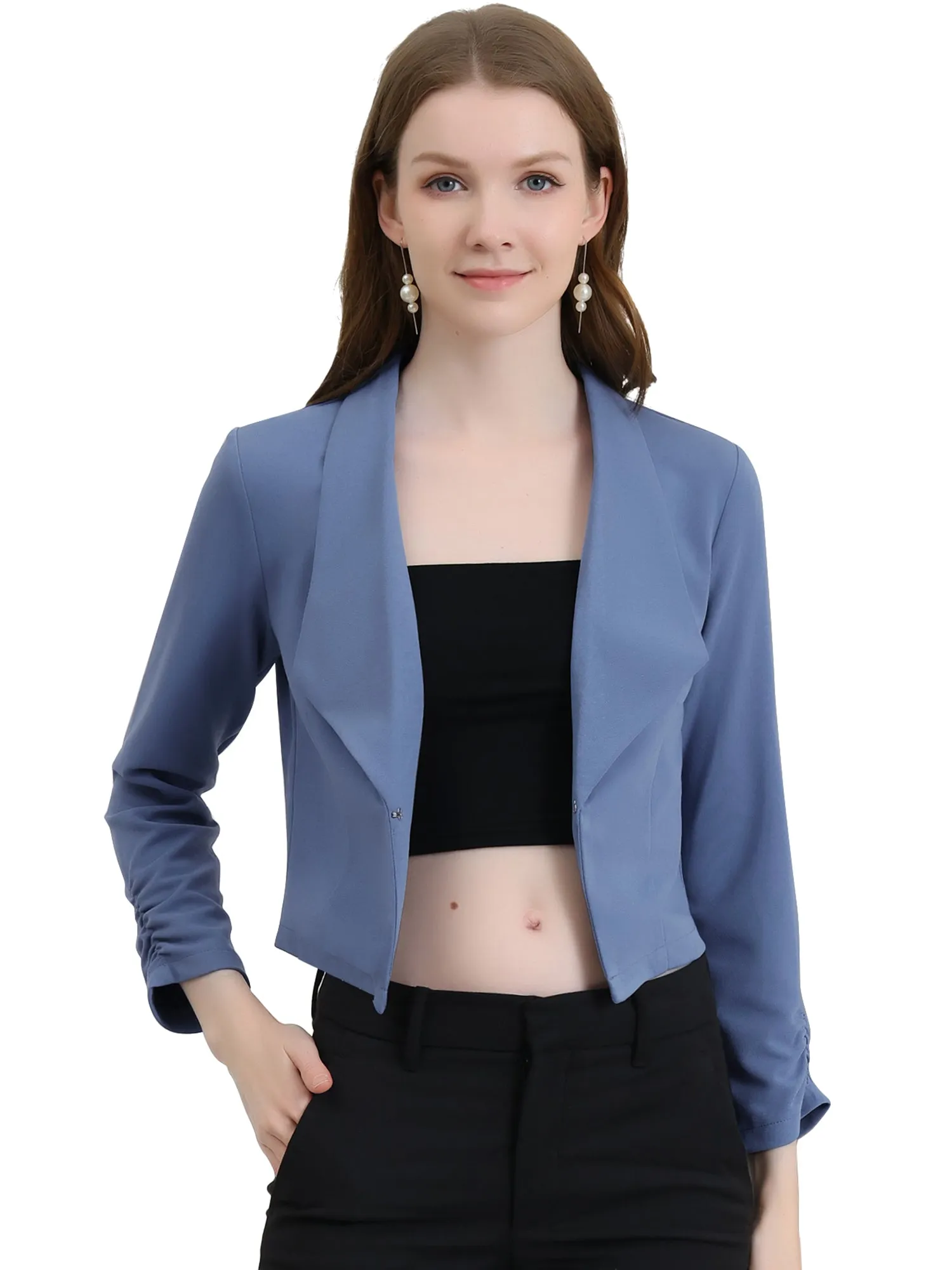 Ruched Sleeve Notched Lapel Business Cropped Blazer Jacket sold by Allegra K product image thumbnail 5