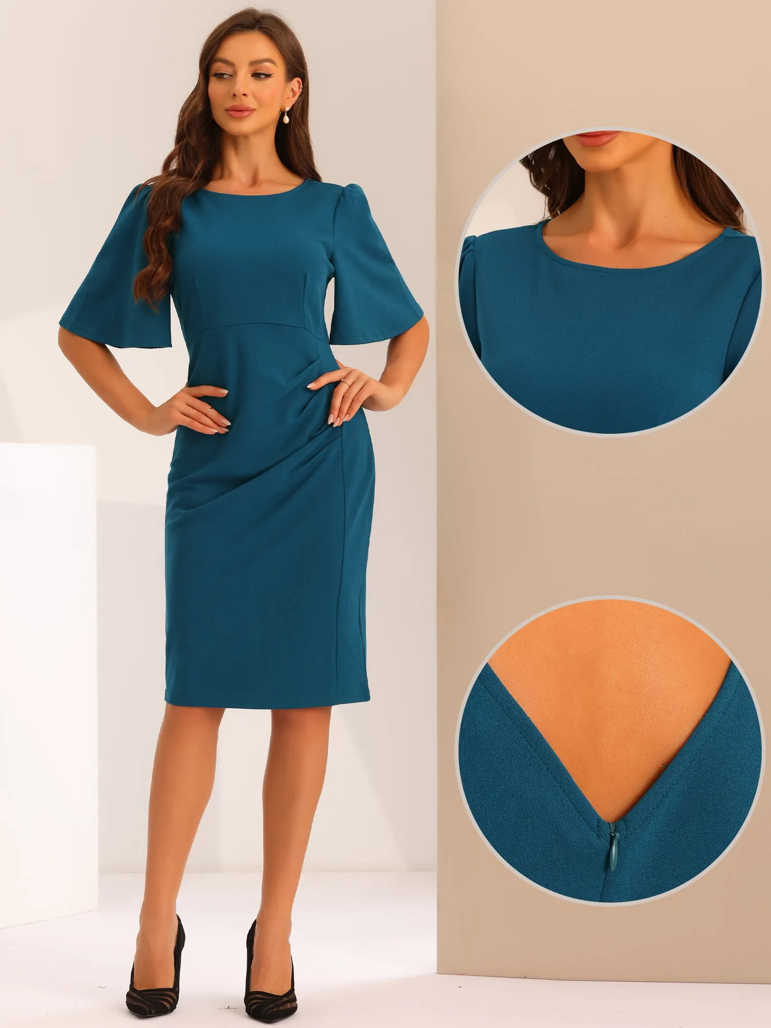 Elegant Sheath Dress Round Neck Ruched Short Flared Sleeve Pencil Dress sold by Allegra K product image thumbnail 2