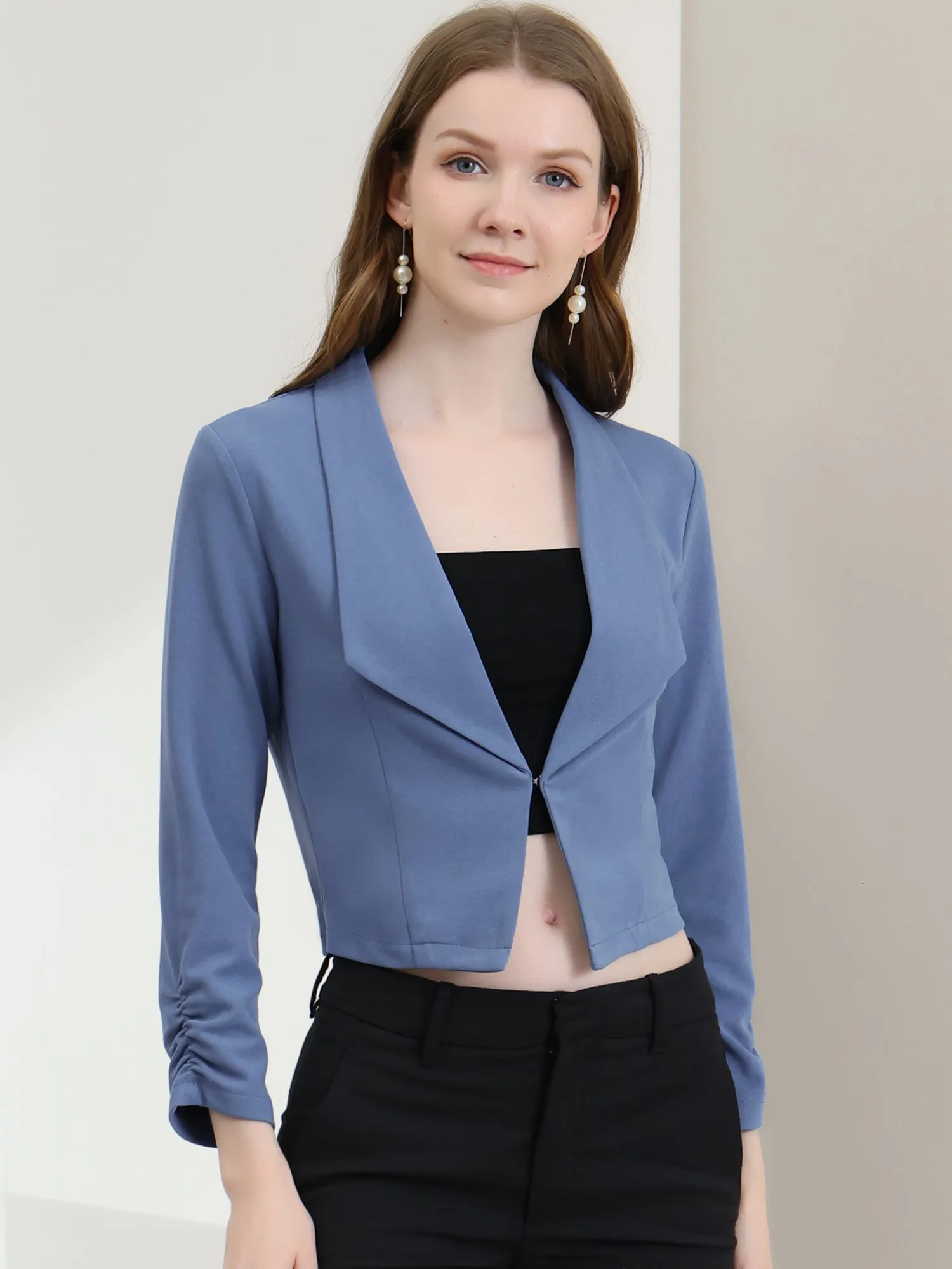 Ruched Sleeve Notched Lapel Business Cropped Blazer Jacket sold by Allegra K